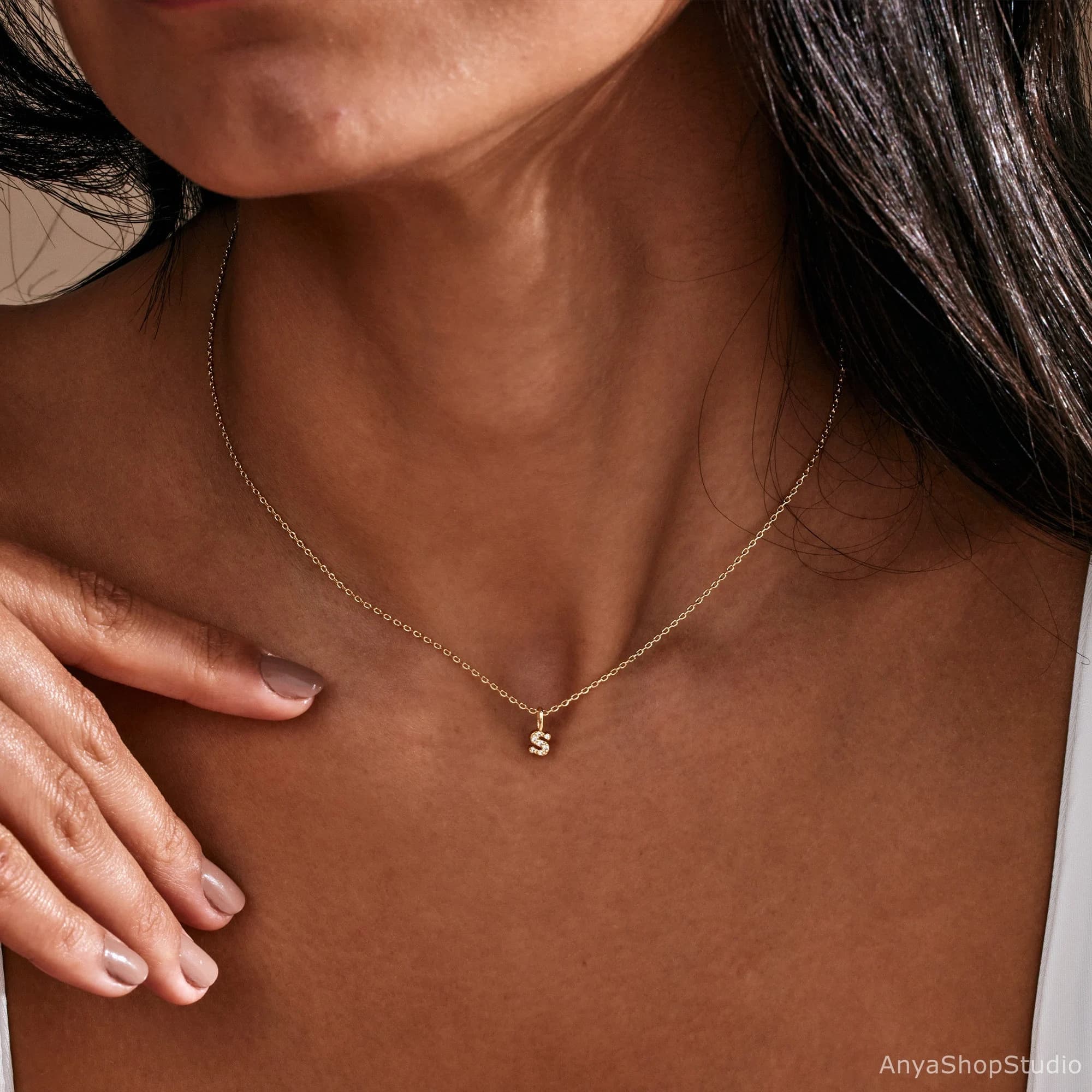 Minimalist Diamond Initial Necklace, Custom Letter Necklace in Gold, Pave Initial Necklace, Personalized Jewelry, Bridesmaid Gift for Her - image 3