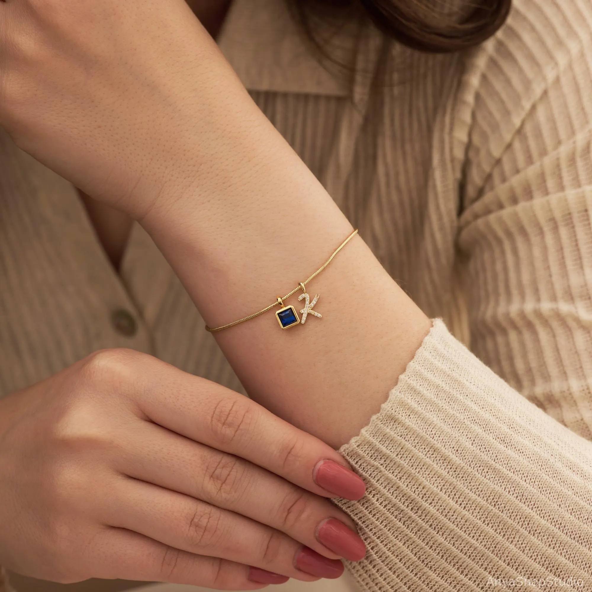 Custom Pave Diamond Initial with Birthstones Bracelet, Dainty Personalized Bracelet, Letter Bracelet, Birthday Gift for Her, Christmas Gifts - image 3
