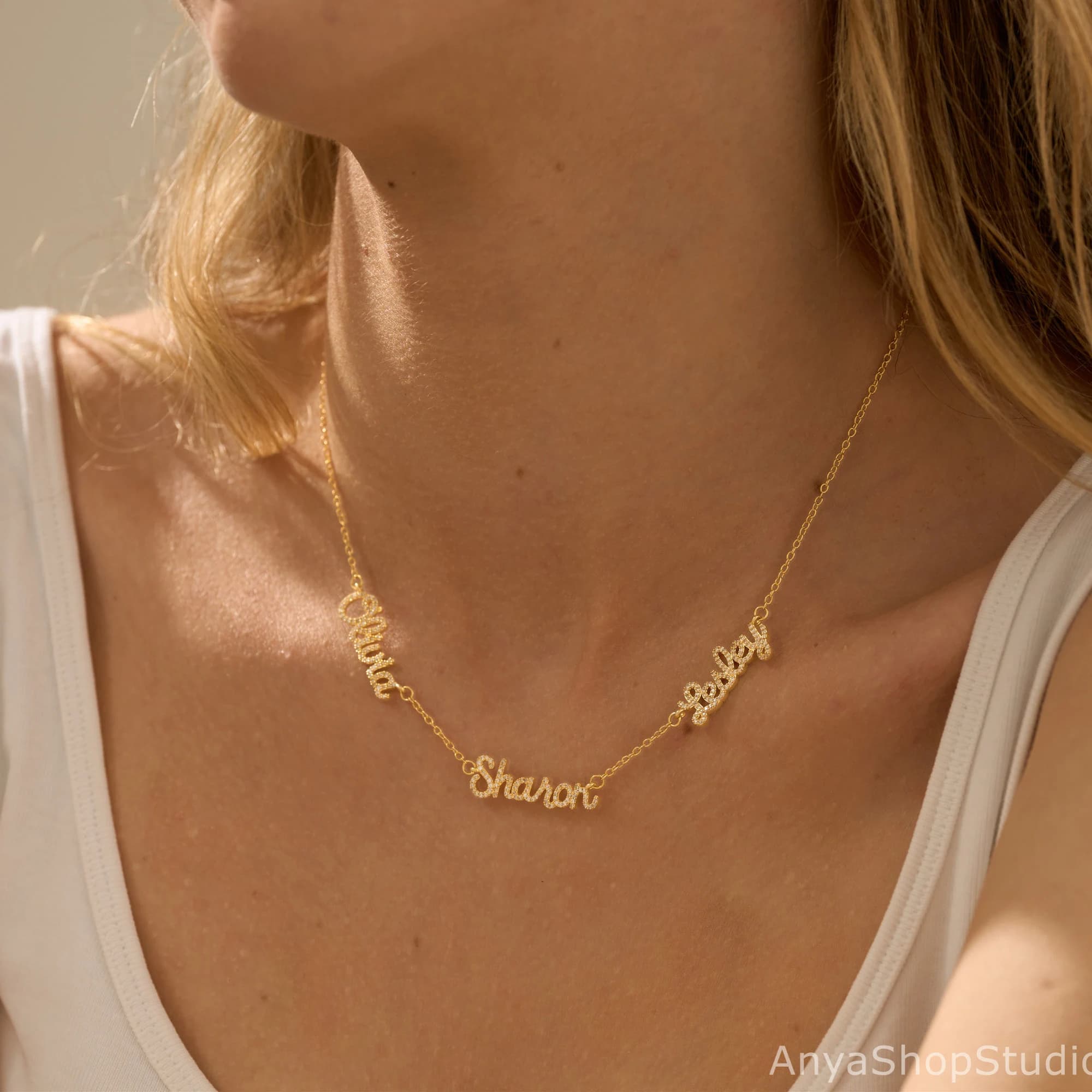 Pave Name Necklace, Three Names Necklace with CZ Diamonds, Custom Family Name for Mom, Bridesmaid Gift, Gift for Her, Personalised Jewellery - image 5