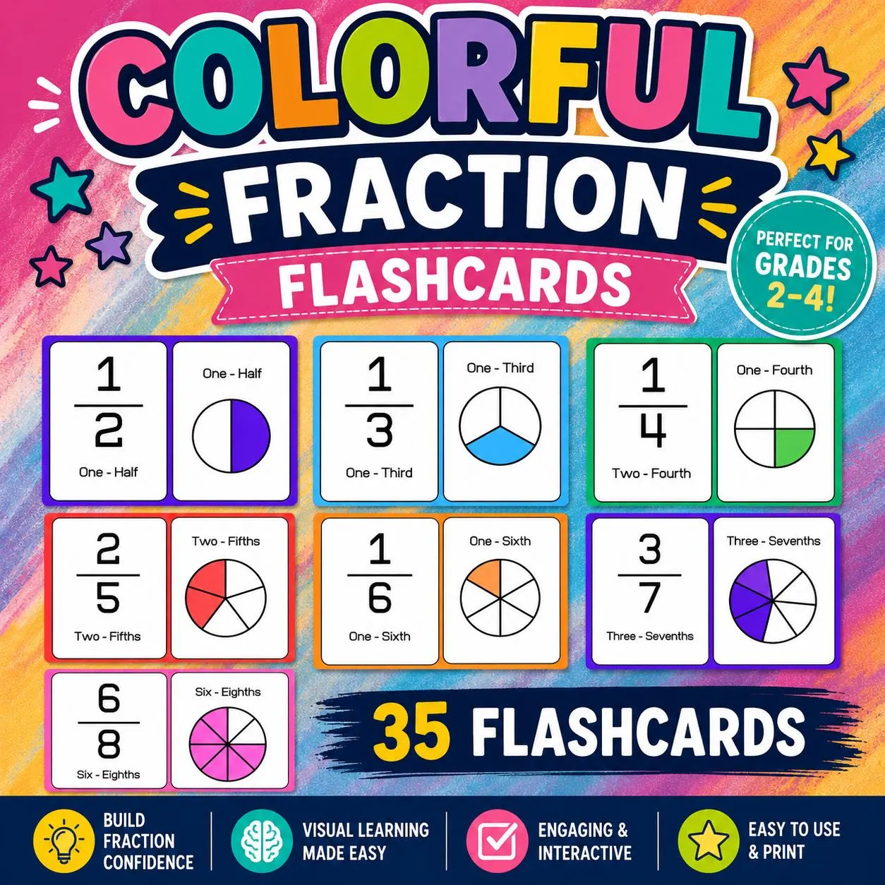 Fraction Flashcards with Visuals, Digital Download Math Center, Matching Game 35 Cards - image 3
