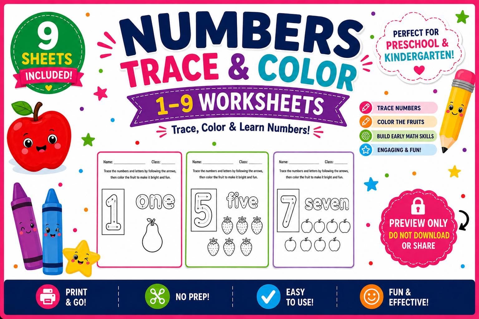 Number Tracing Worksheets 1-9 Printable | Preschool Math Activities | Kids Trace and Color Worksheets | Homeschool Learning Pack - image 2