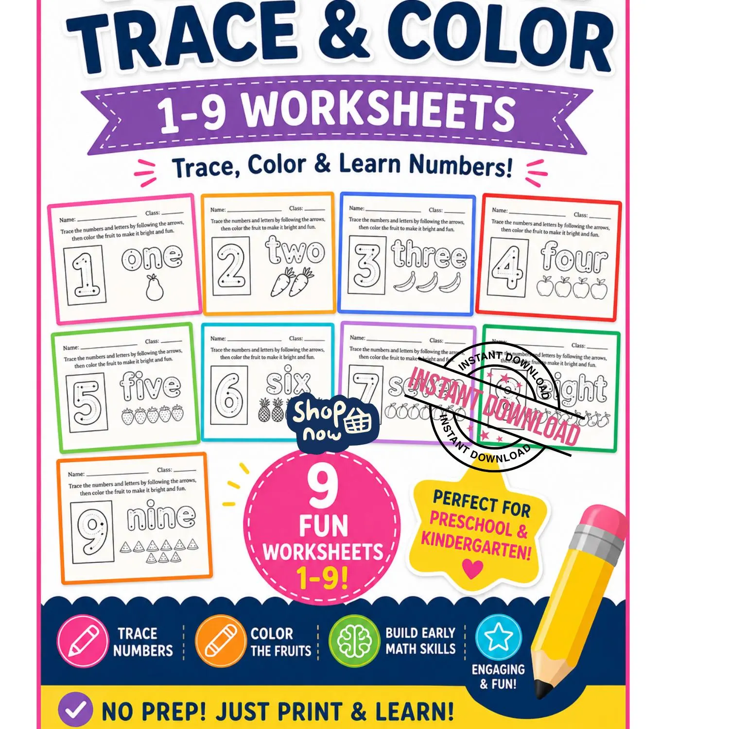 Number Tracing Worksheets 1-9 Printable | Preschool Math Activities | Kids Trace and Color Worksheets | Homeschool Learning Pack