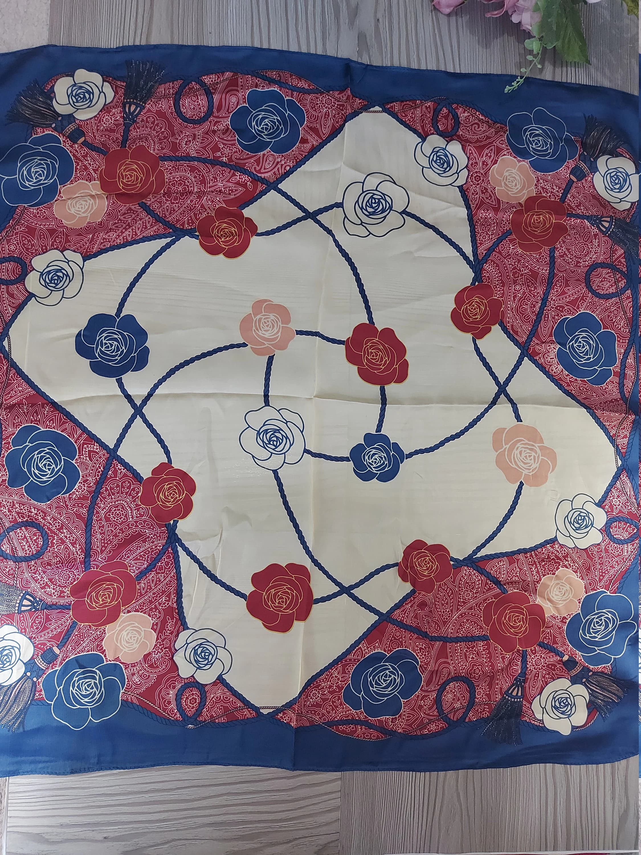Rose Print Small Square Scarf,Blue Red Cream Faux Silk Bandana,Elegant Hair Band, Bag Charm,Great Holiday Gift Idea - image 4