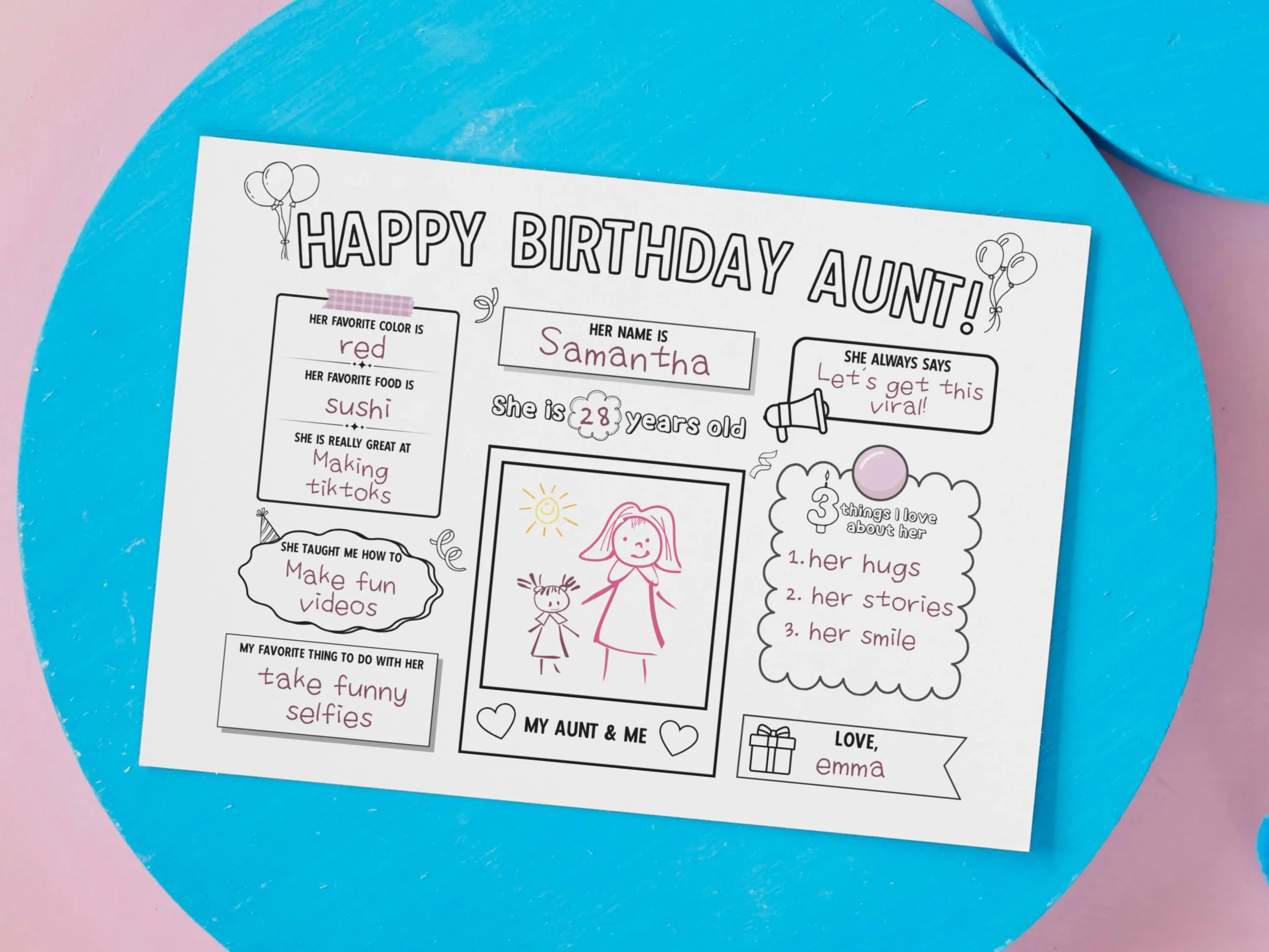 Happy Birthday Aunt Coloring Page Printable, DIY Personalized Gift from Kids All About Auntie Card Activity Questionnaire Keepsake Present - image 4