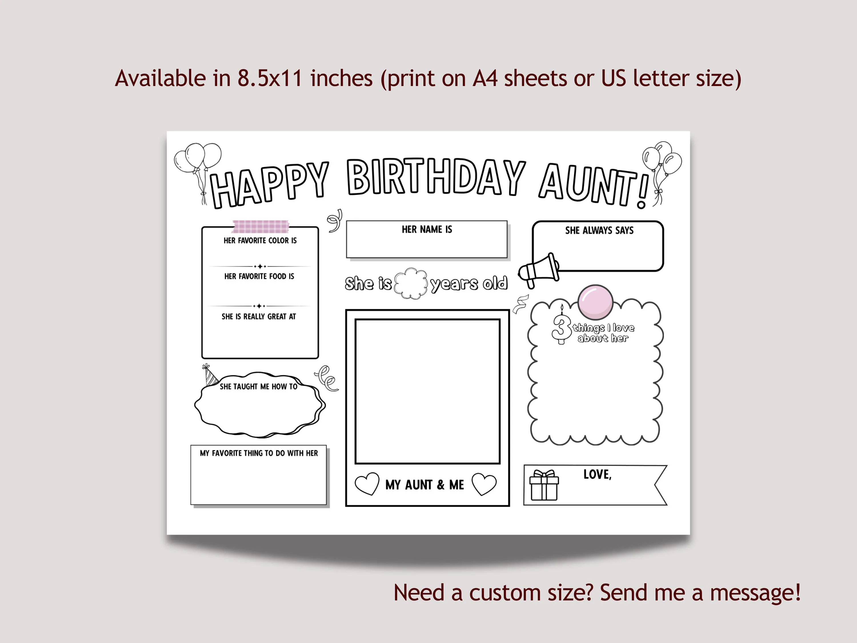 Happy Birthday Aunt Coloring Page Printable, DIY Personalized Gift from Kids All About Auntie Card Activity Questionnaire Keepsake Present - image 3