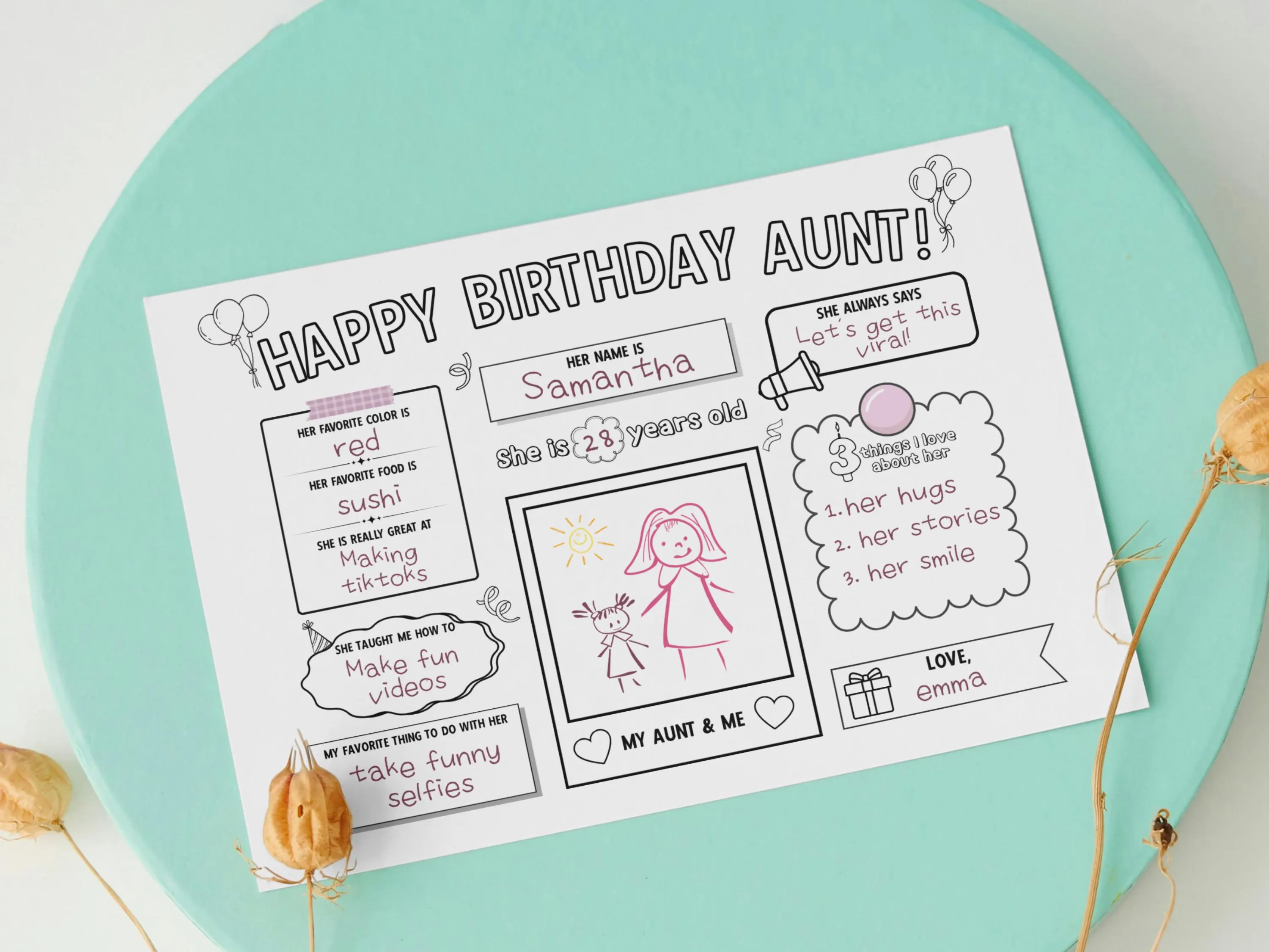 Happy Birthday Aunt Coloring Page Printable, DIY Personalized Gift from Kids All About Auntie Card Activity Questionnaire Keepsake Present - image 2