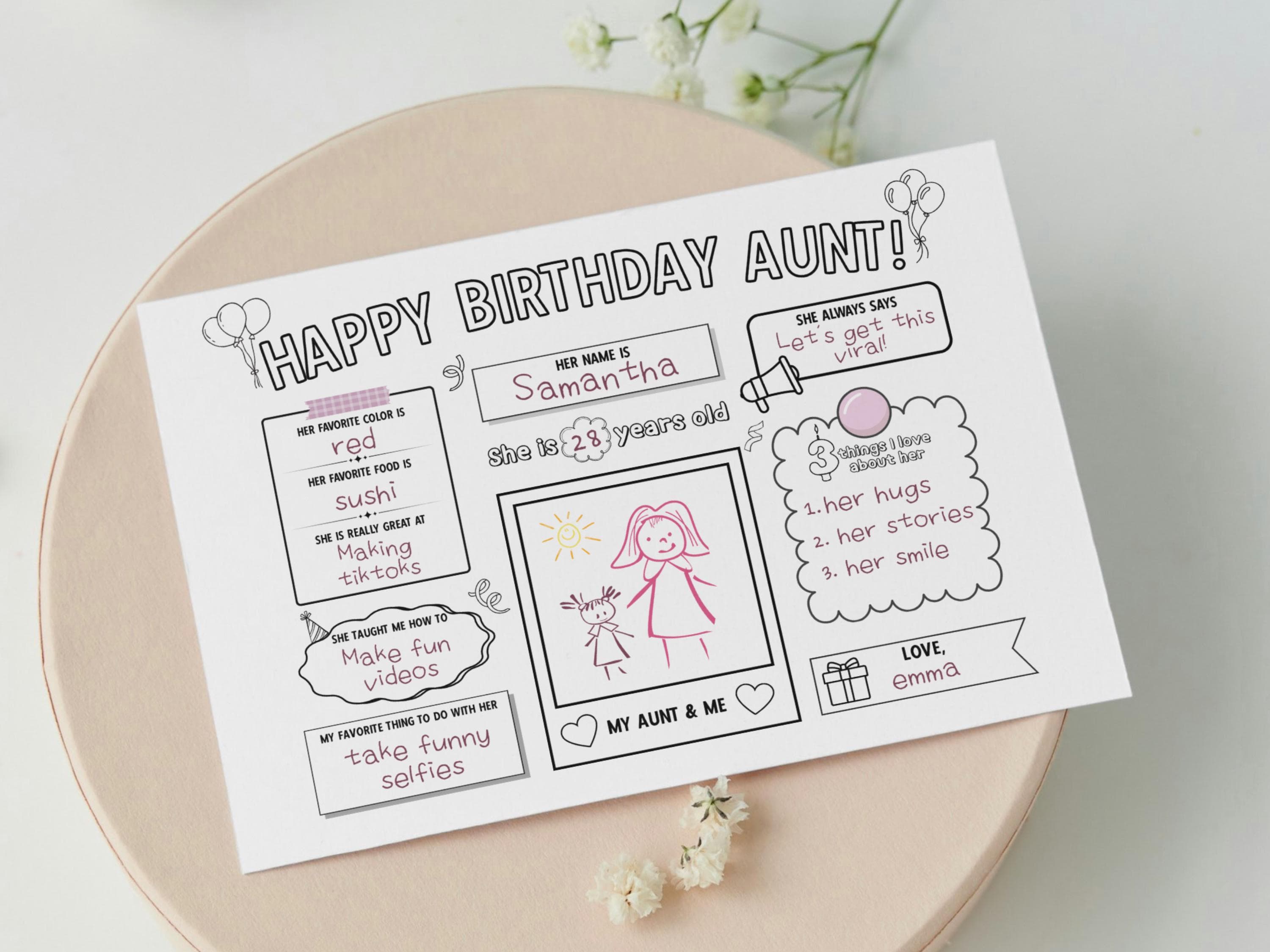 Happy Birthday Aunt Coloring Page Printable, DIY Personalized Gift from Kids All About Auntie Card Activity Questionnaire Keepsake Present - image 5