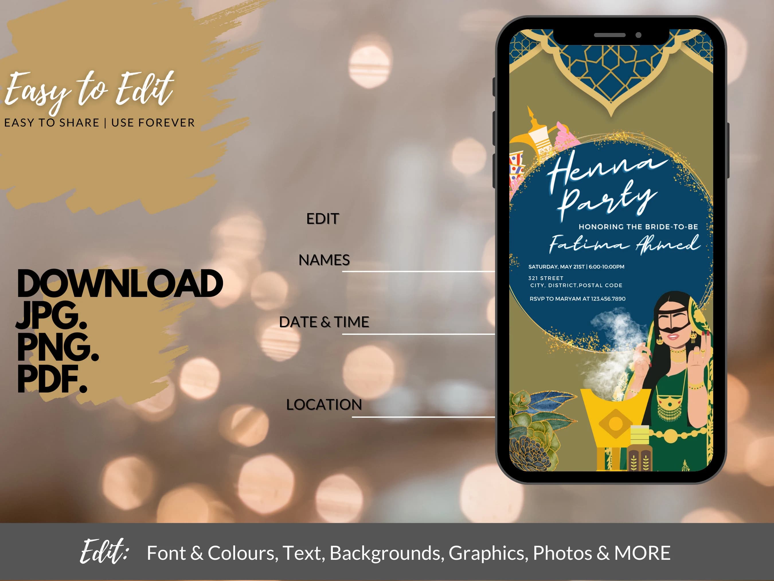 Arab Henna Party Digital wedding Invitation, Wedding Invitation Template, Editable Custom Printable Canva, Instant Download, حفل زواج - image 4