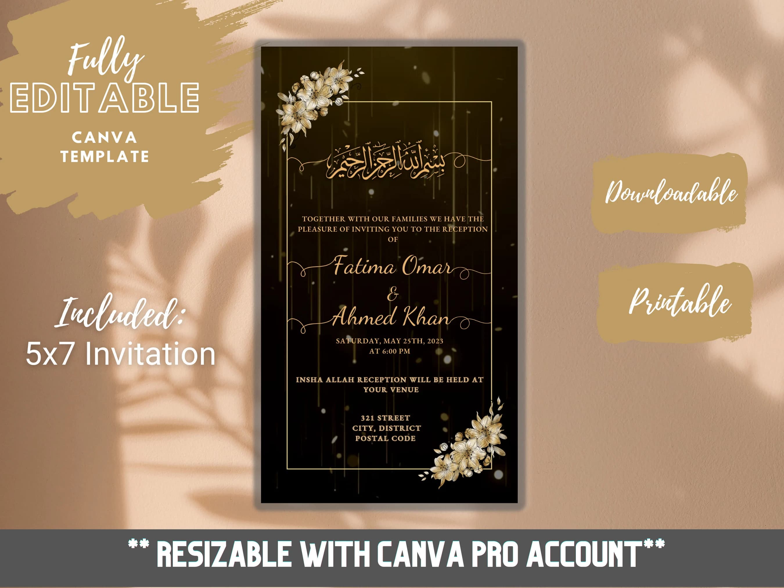 Digital Muslim Wedding Invitation Template, Electronic Golden Brown Wedding Invitation, Editable Custom Printable Canva, Instant Download - image 3