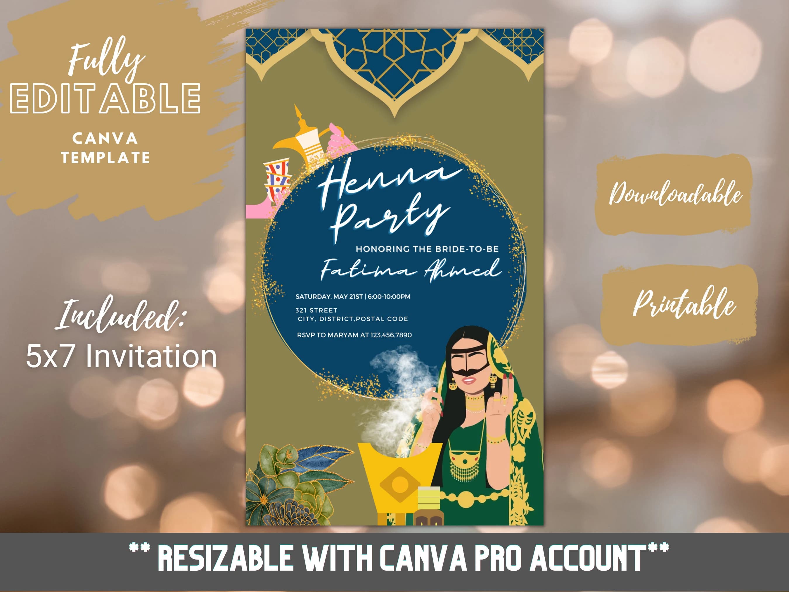 Arab Henna Party Digital wedding Invitation, Wedding Invitation Template, Editable Custom Printable Canva, Instant Download, حفل زواج - image 3