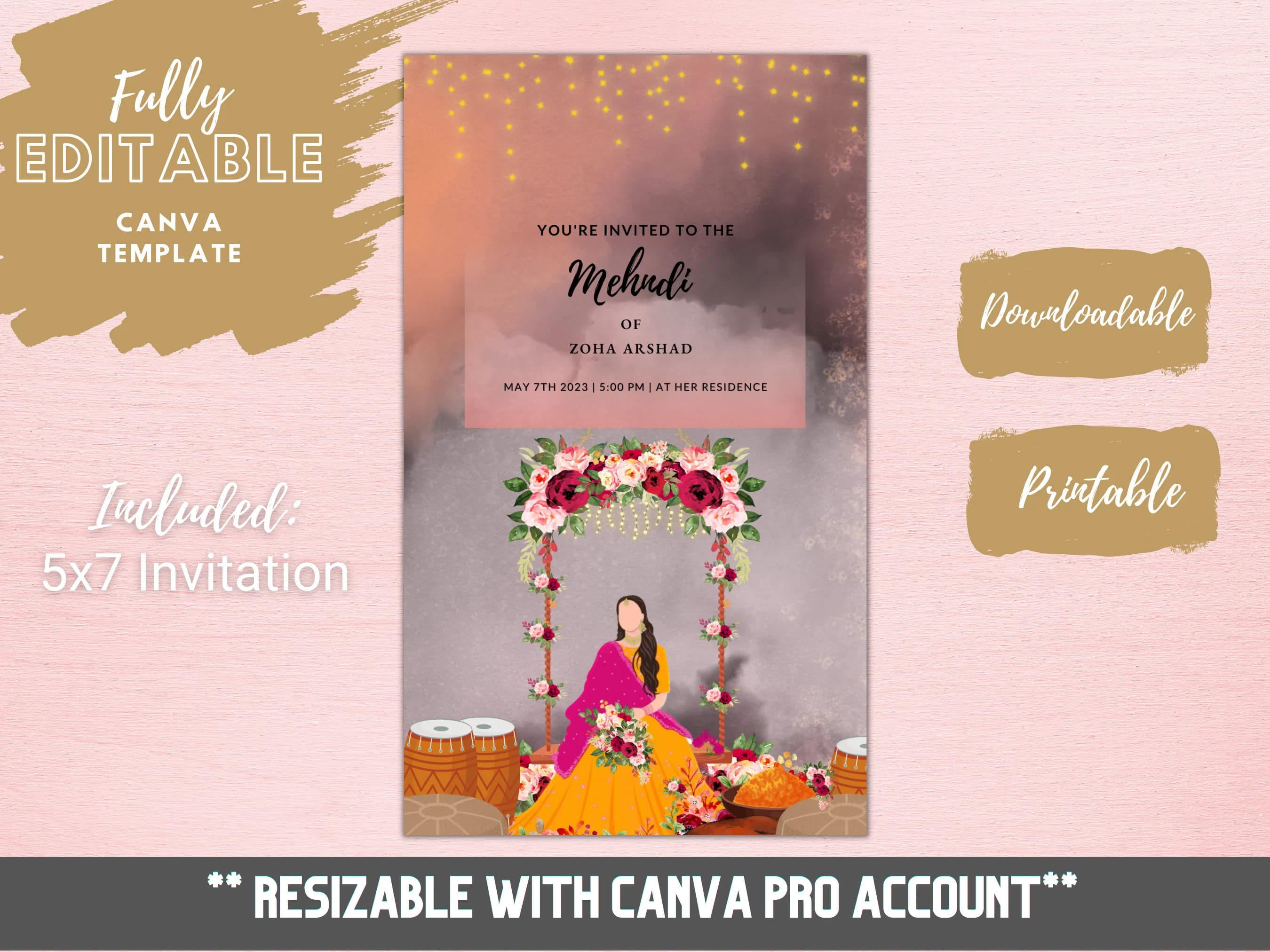 Digital Mendhi Invitation Template, Indian Wedding, Pakistani Wedding, Editable Custom Printable Canva, Instant Download - image 3