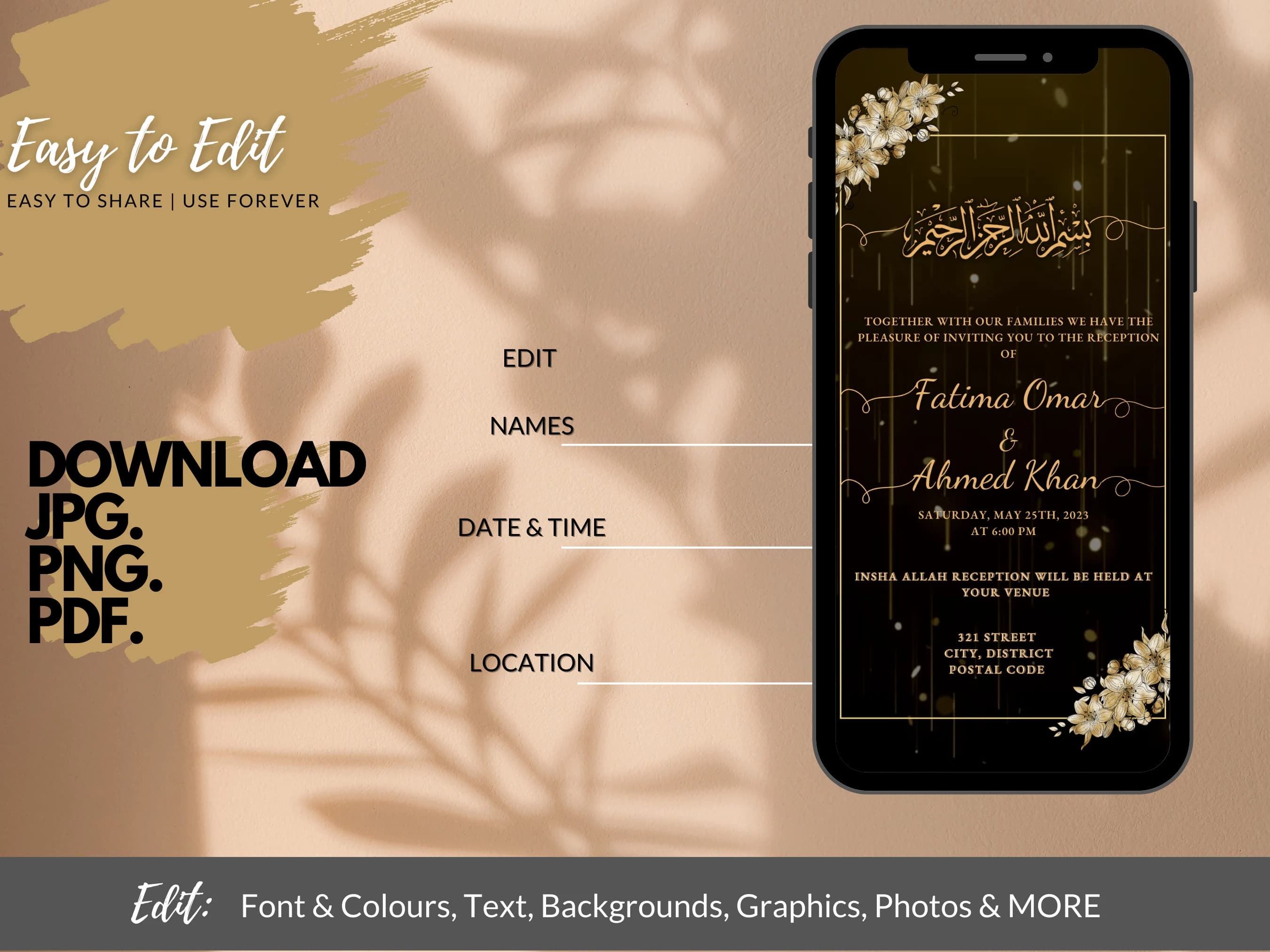 Digital Muslim Wedding Invitation Template, Electronic Golden Brown Wedding Invitation, Editable Custom Printable Canva, Instant Download - image 4