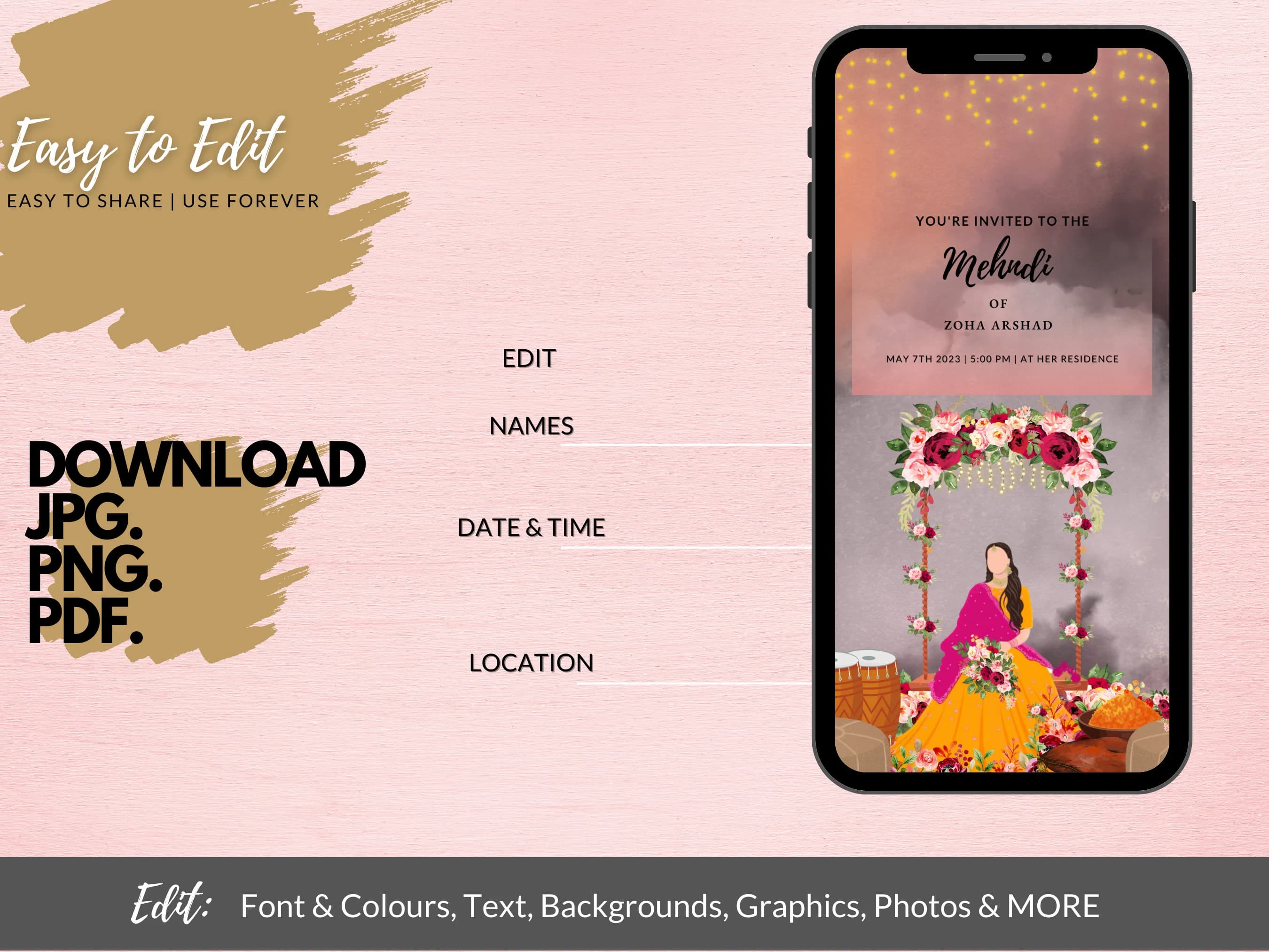 Digital Mendhi Invitation Template, Indian Wedding, Pakistani Wedding, Editable Custom Printable Canva, Instant Download - image 4