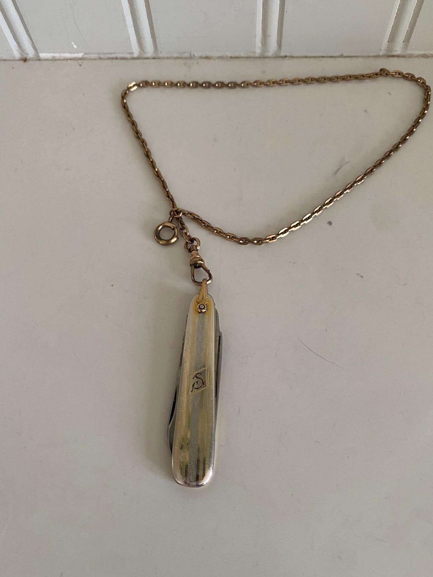 Vintage Watch Chain and Pocket Knife-Engraved with an "S"