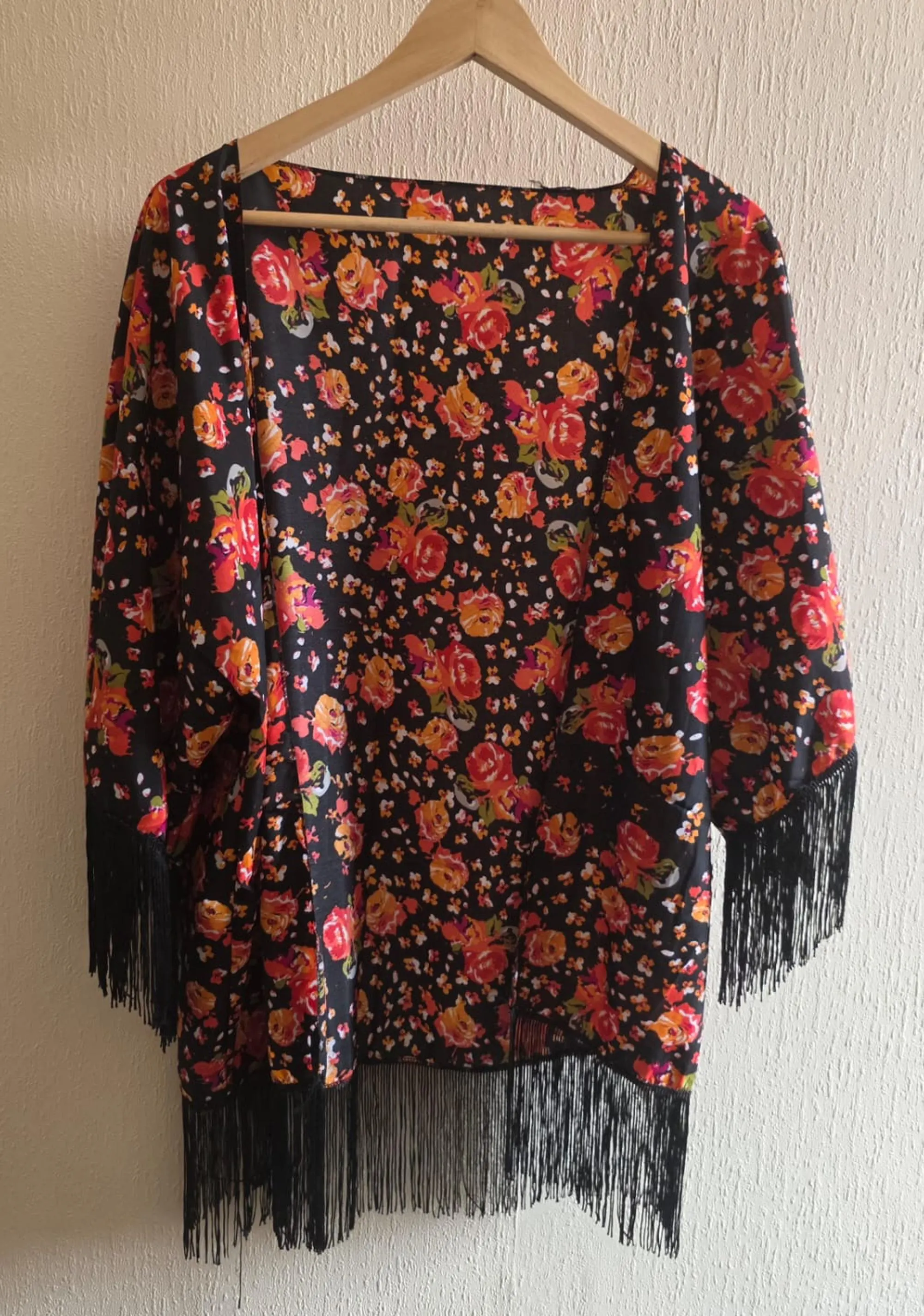 Black Floral Fringe Kimono Cardigan Lightweight Boho Cover Up Women's Jacket - image 3
