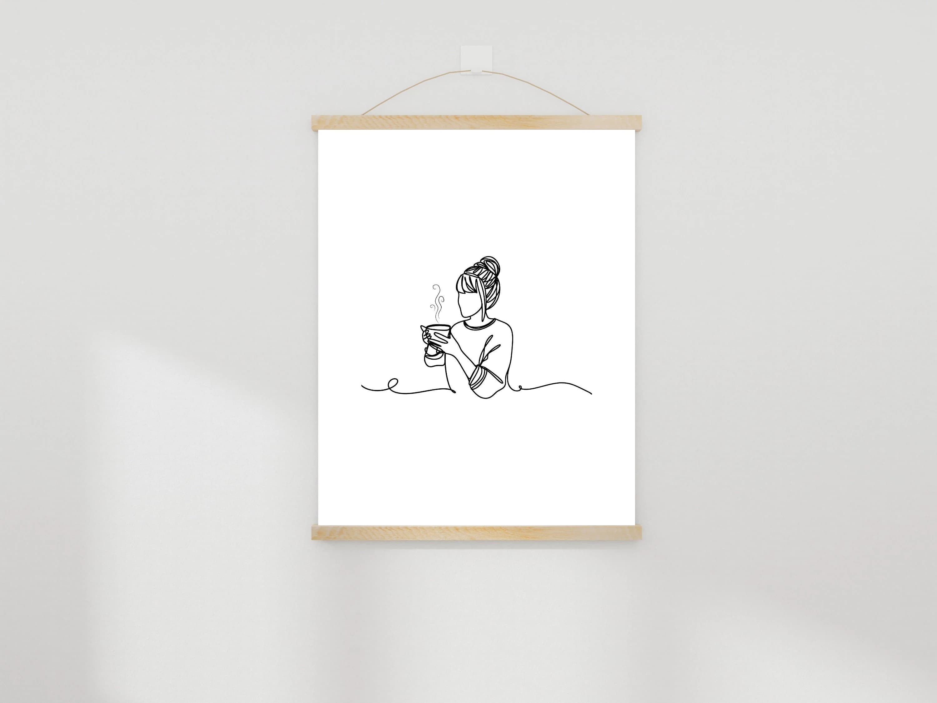 Minimalist Coffee Line Art Print: Woman with Coffee Cup (Digital Download)
