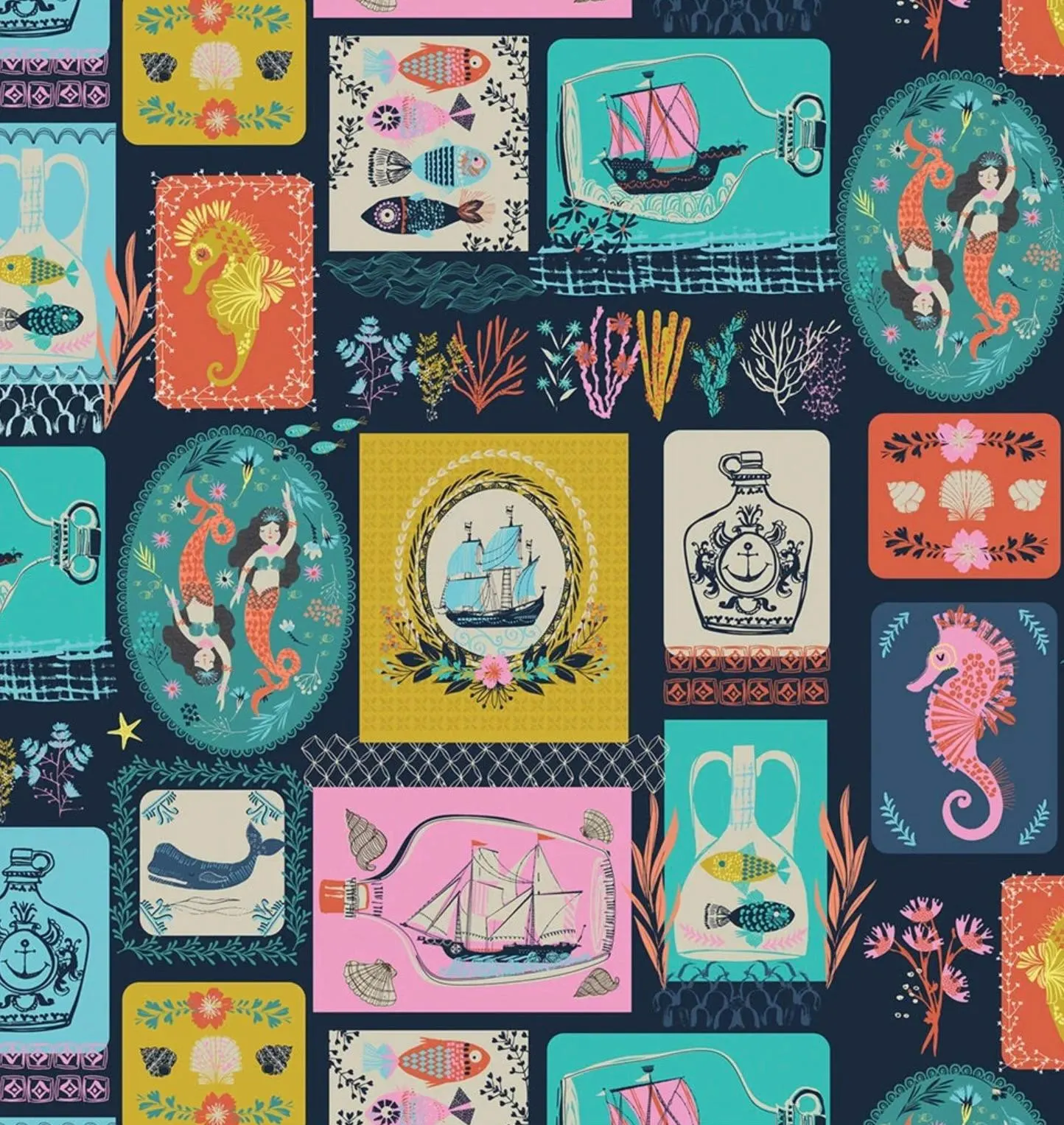 Siren Seas - Starfish and Stories By Helen Black for Thread & Ink Design Studio, 100% Cotton Fabric, by the Metre, Half Metre, Fat Quarter