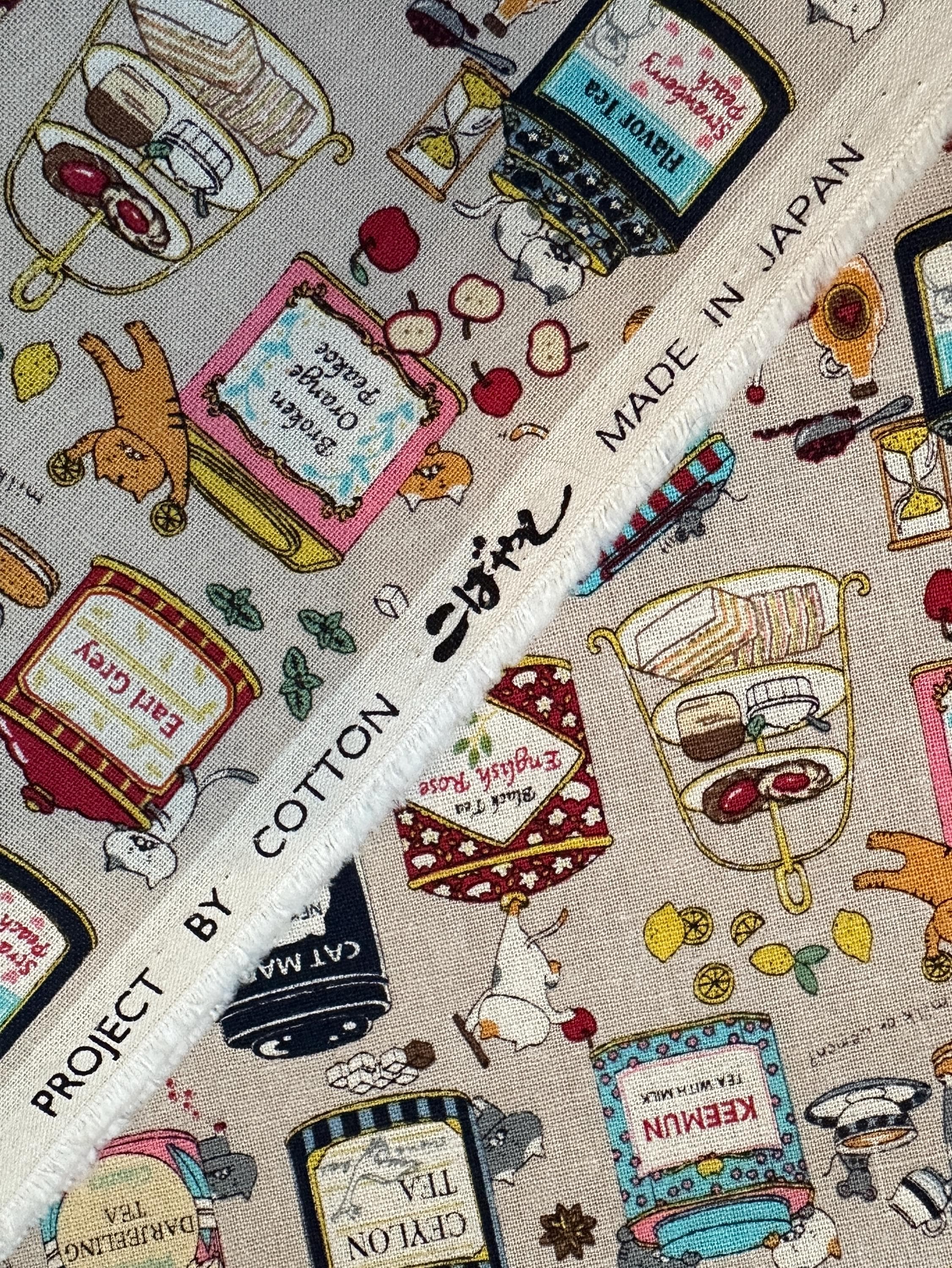 Project by Cotton, Japanese Cotton/Linen Canvas, Cats and Tea Fabric, By the Metre, Half Metre, Fat Quarter - image 4