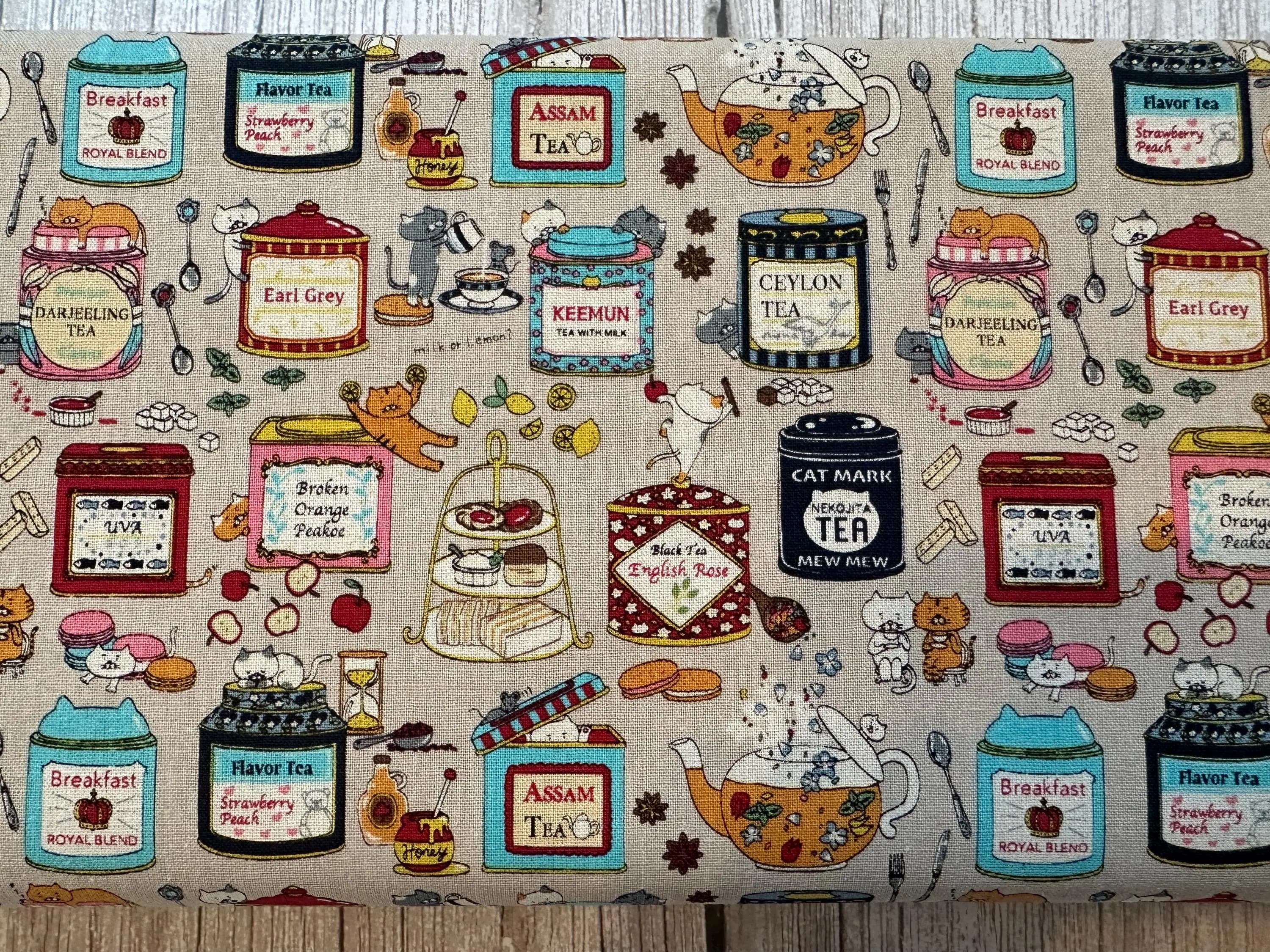 Project by Cotton, Japanese Cotton/Linen Canvas, Cats and Tea Fabric, By the Metre, Half Metre, Fat Quarter - image 3