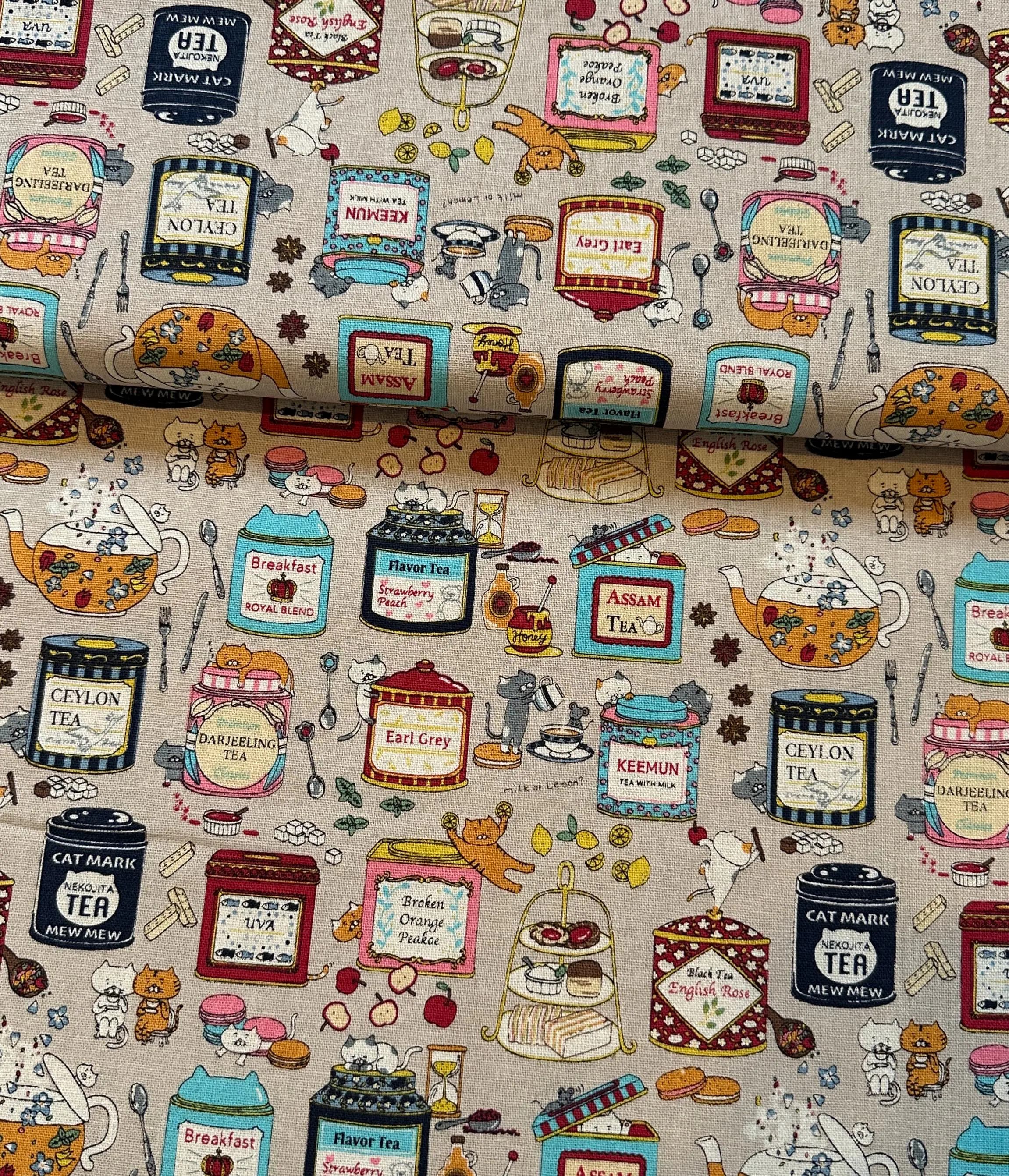 Project by Cotton, Japanese Cotton/Linen Canvas, Cats and Tea Fabric, By the Metre, Half Metre, Fat Quarter