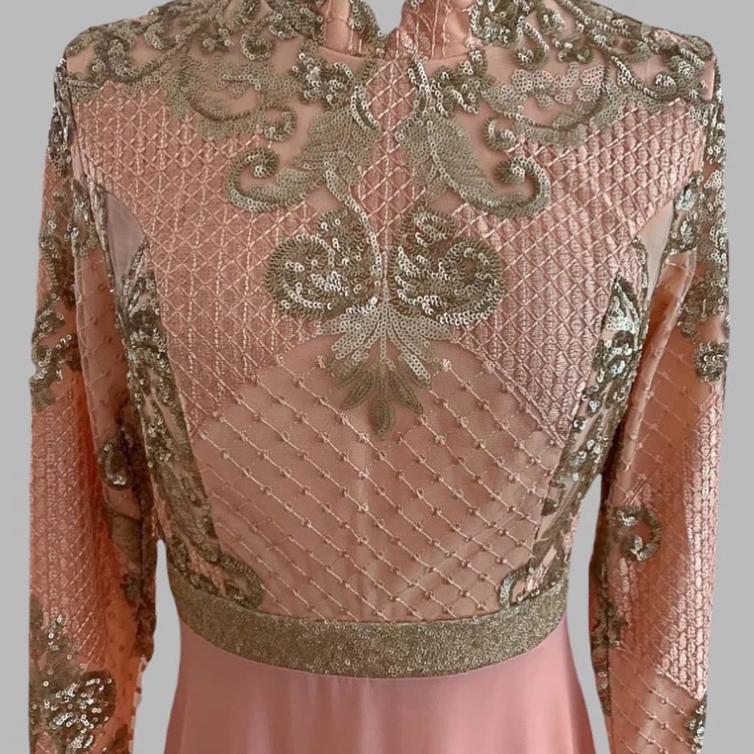 Metallic Gold Sequin Maxi Dress: Embroidered Long Sleeve Chiffon Gown
