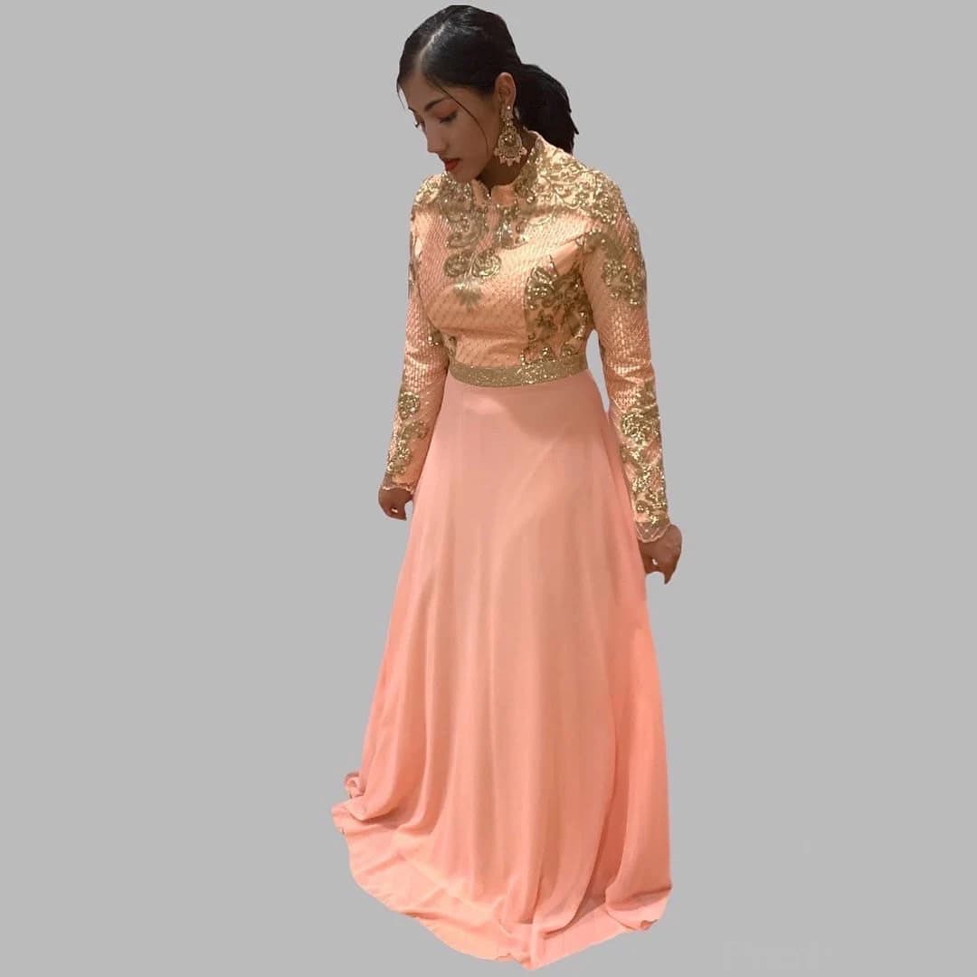Metallic Gold Sequin Maxi Dress: Embroidered Long Sleeve Chiffon Gown - image 5
