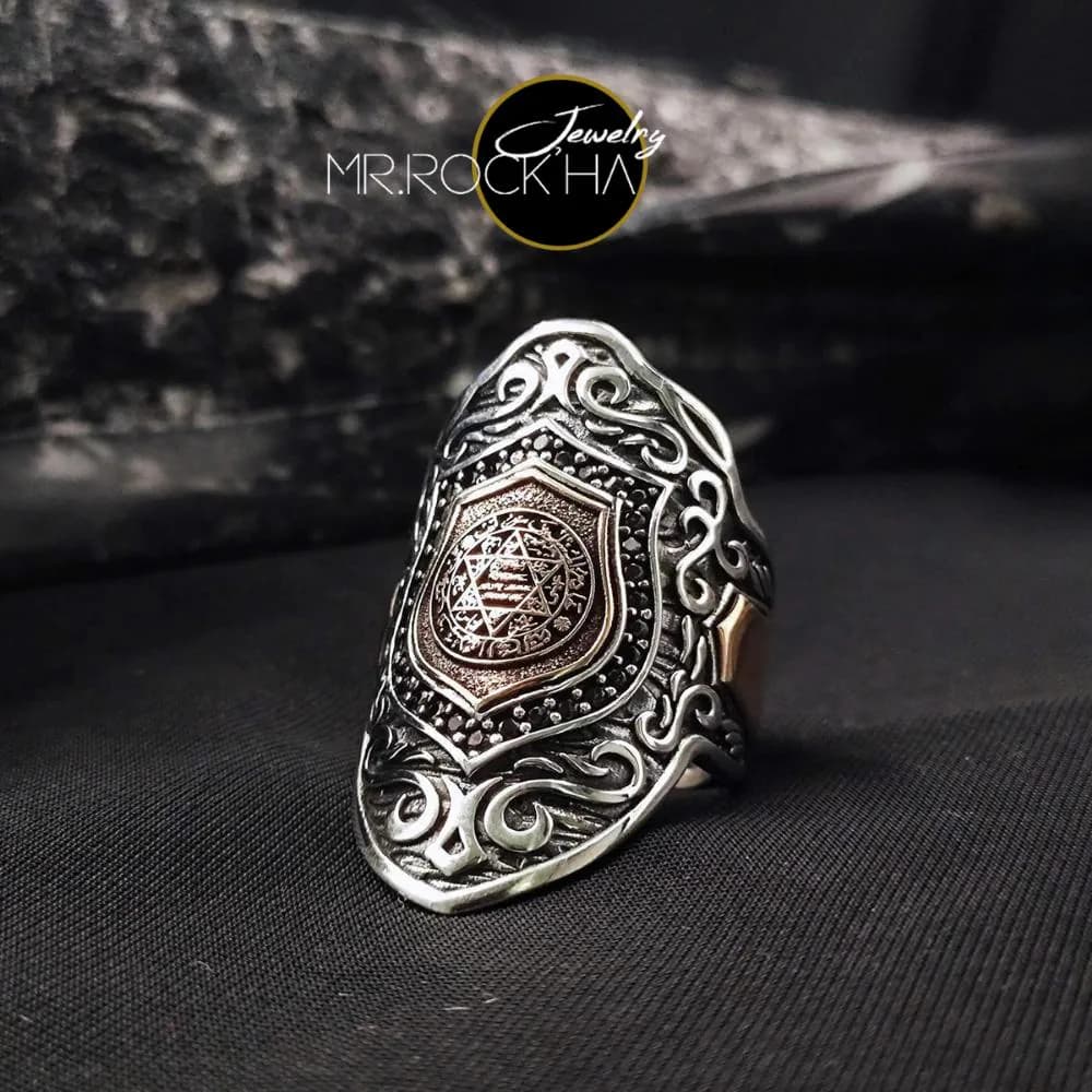 925 Sterling Silver Seal of Solomon Mens Ring, Black Zircon Archer Ring, Turkish Handmade Islamic Thumb Ring, Star of David Jewelry Gift