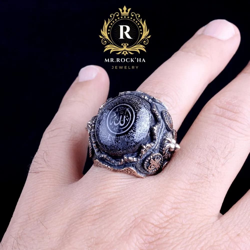 Ayat al-Kursi Engraved Blue Amber, 925 Sterling Silver Islamic Mens Ring, Handcrafted Calligraphy Lion,Ottoman Tughra, Spiritual Muslim Gift - image 5