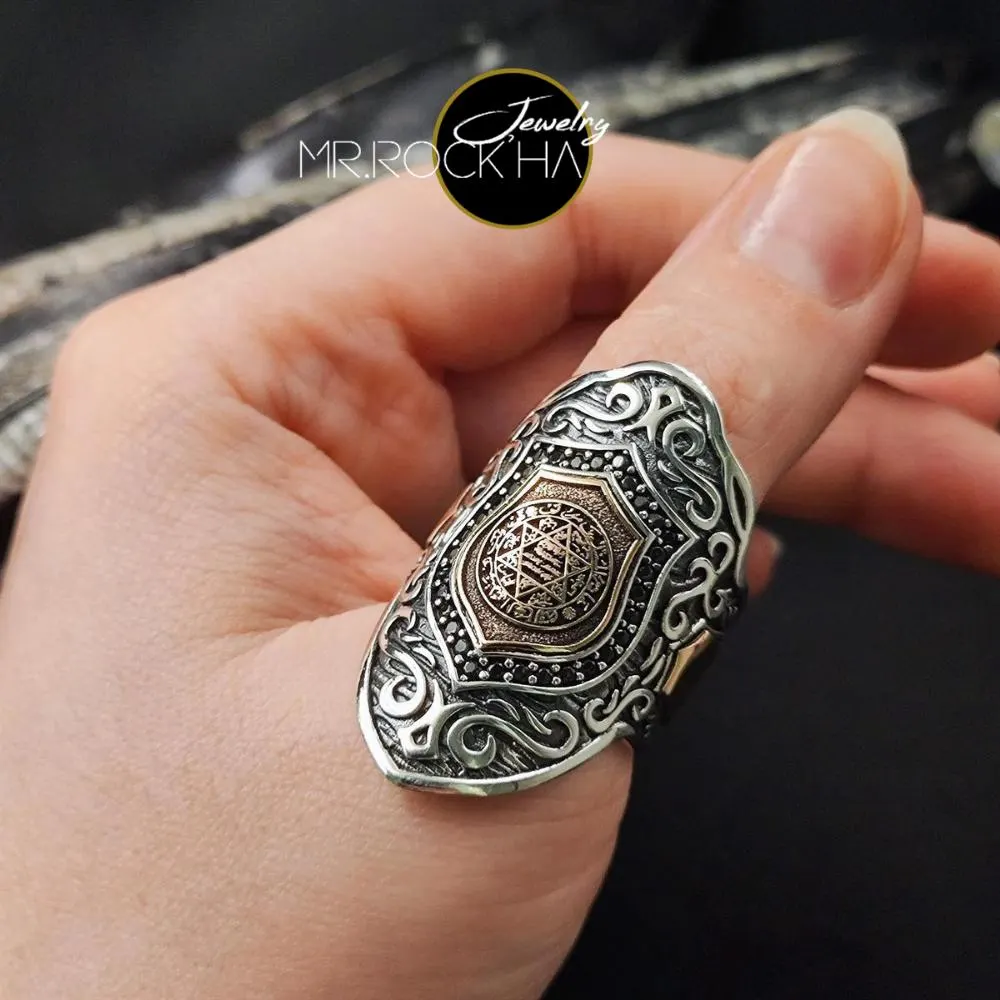 925 Sterling Silver Seal of Solomon Mens Ring, Black Zircon Archer Ring, Turkish Handmade Islamic Thumb Ring, Star of David Jewelry Gift - image 5