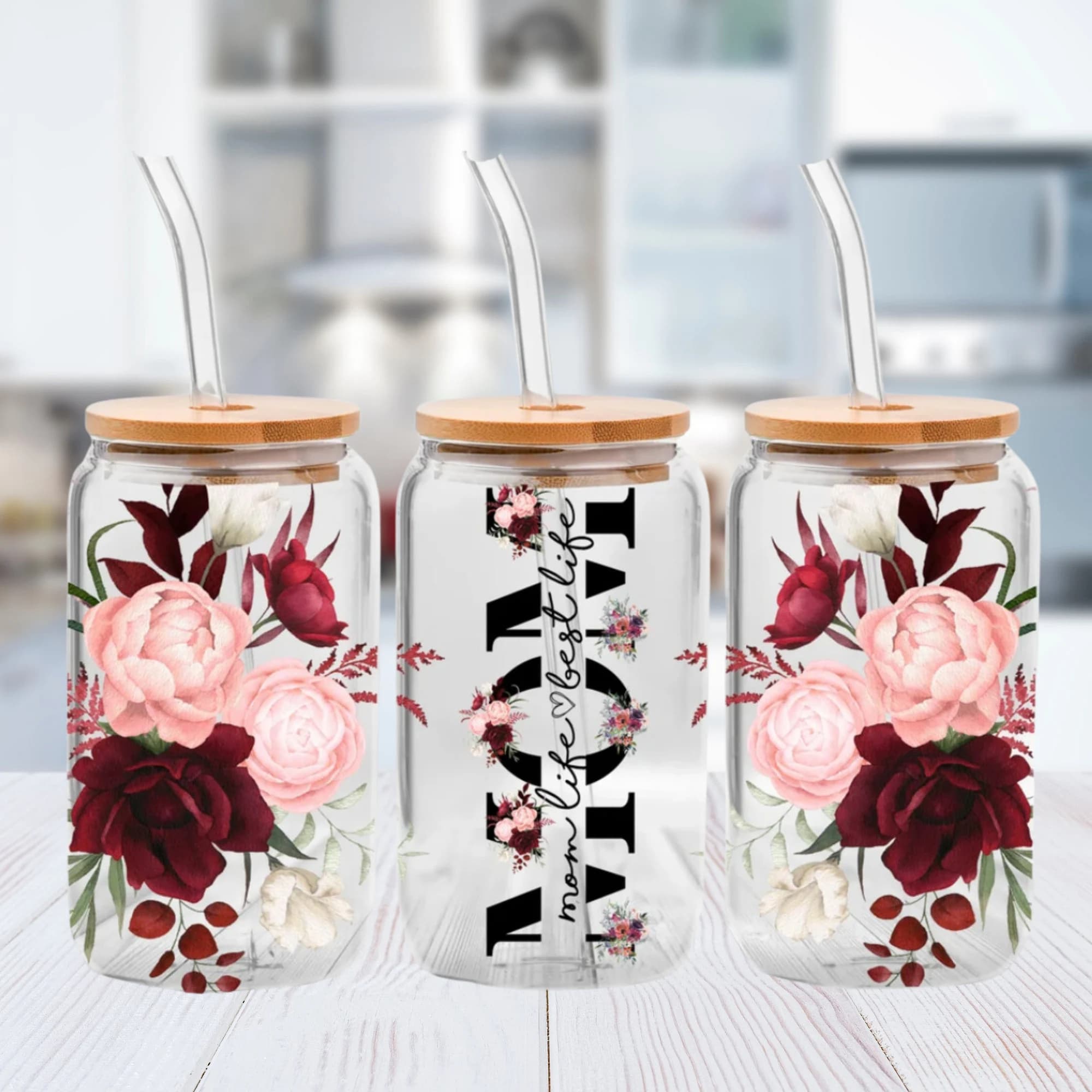 Mom Life Flower Glass Can, Mother's Day Gift