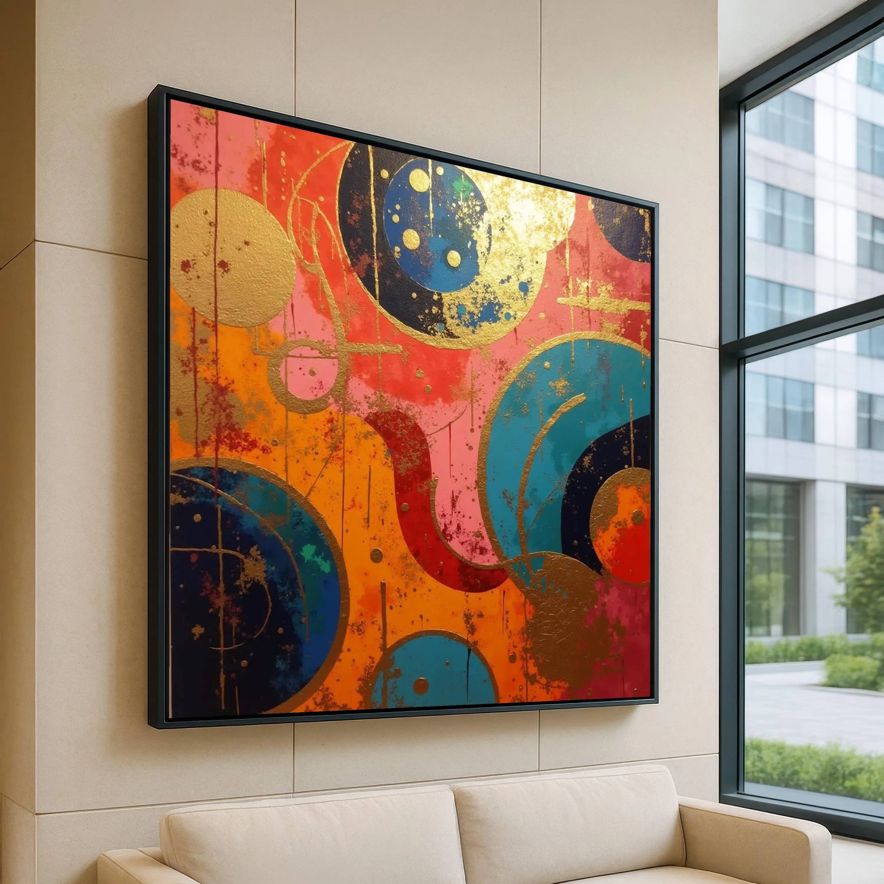 Vibrant Abstract Circles Canvas, Modern Geometric Wall Art, Colorful Home Decoration, Blue Orange Pink Canvas Art, Gold Accents Canvas