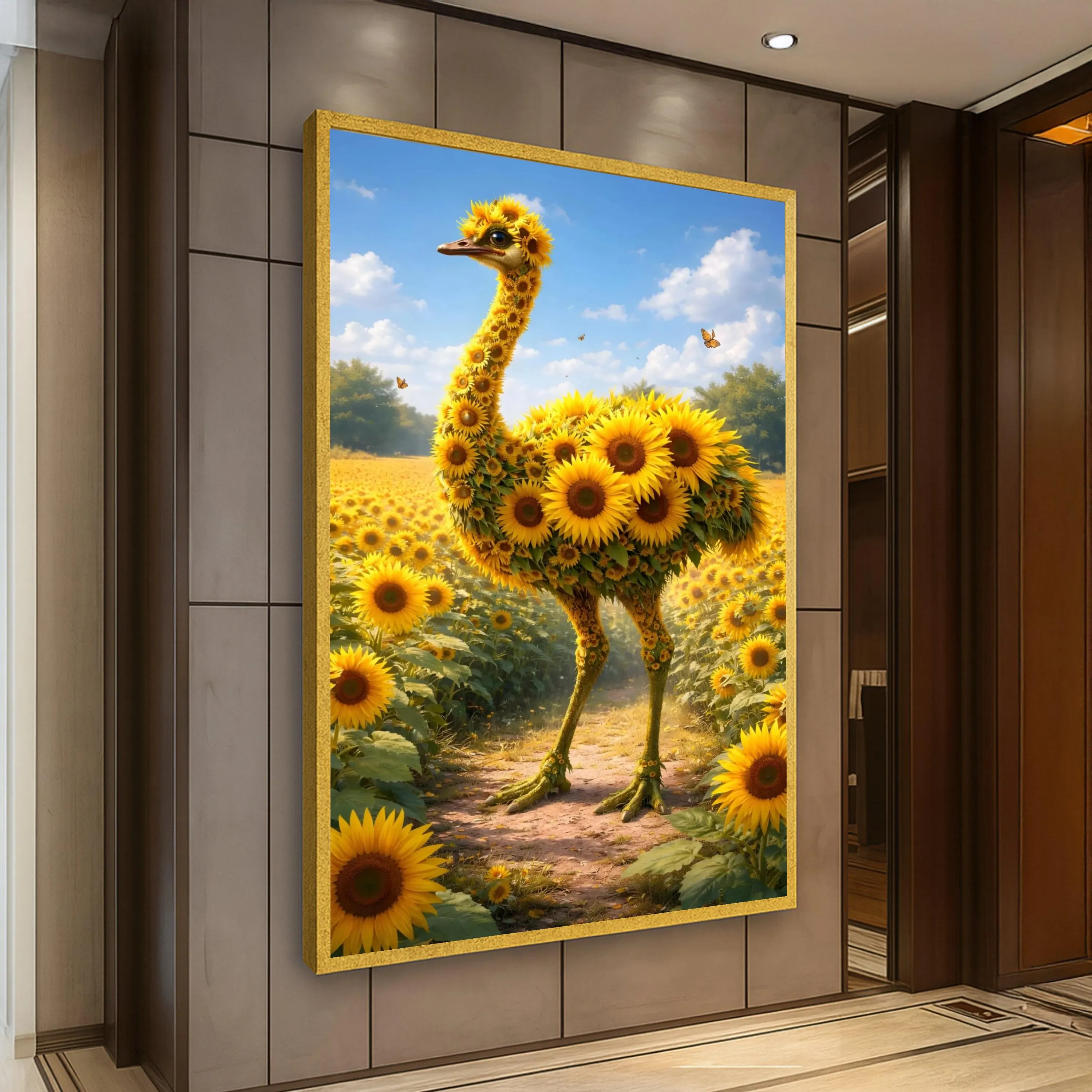 Whimsical Sunflower Ostrich Canvas, Floral Animal Art, Bright Nature Wall Decor, Garden Scene Canvas, Summer Flower Canvas