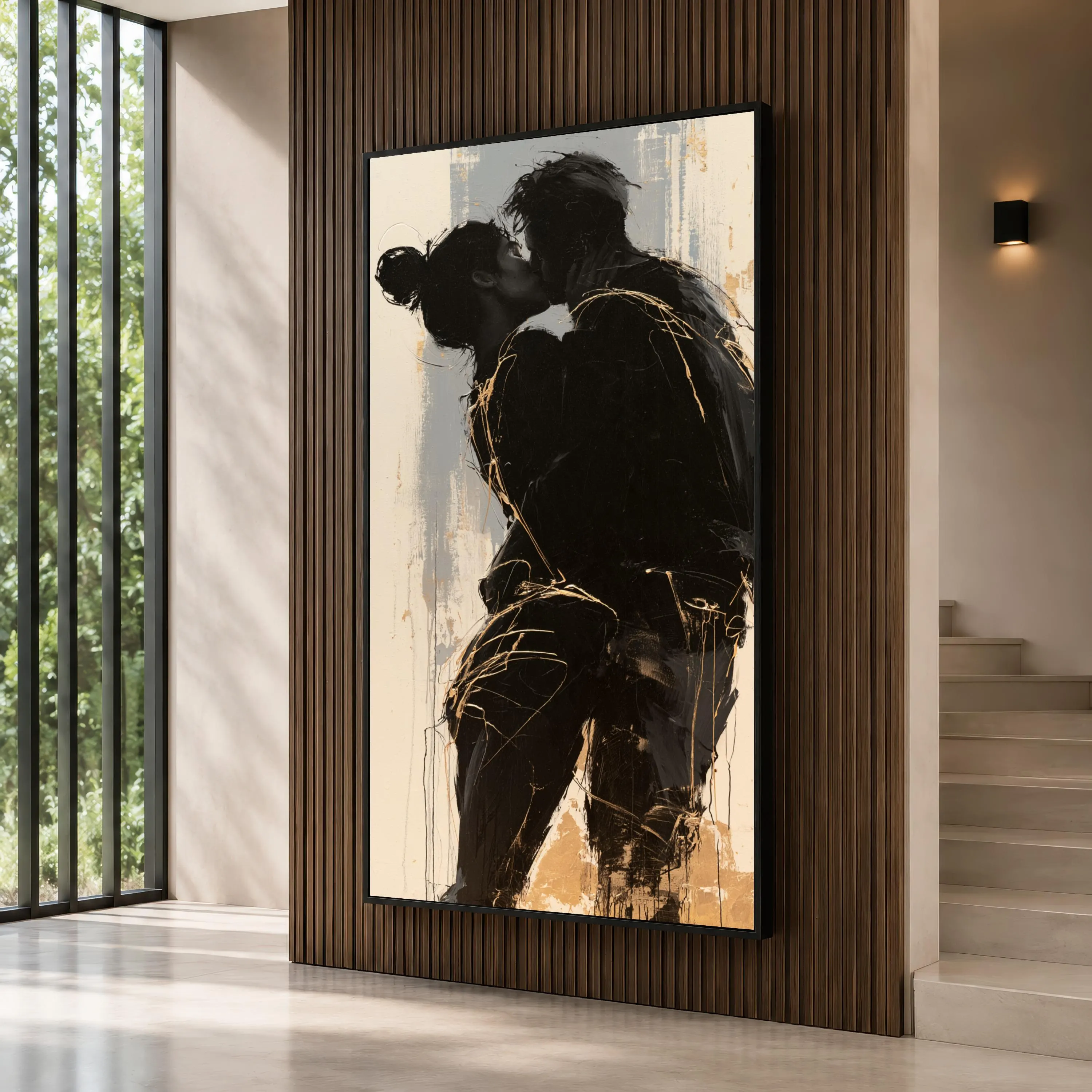 Kissing Couple Canvas Artwork, Black and Bronze Romantic Figurative Scene, Contemporary Couple Decor, Multiple Sizes and Frame Options