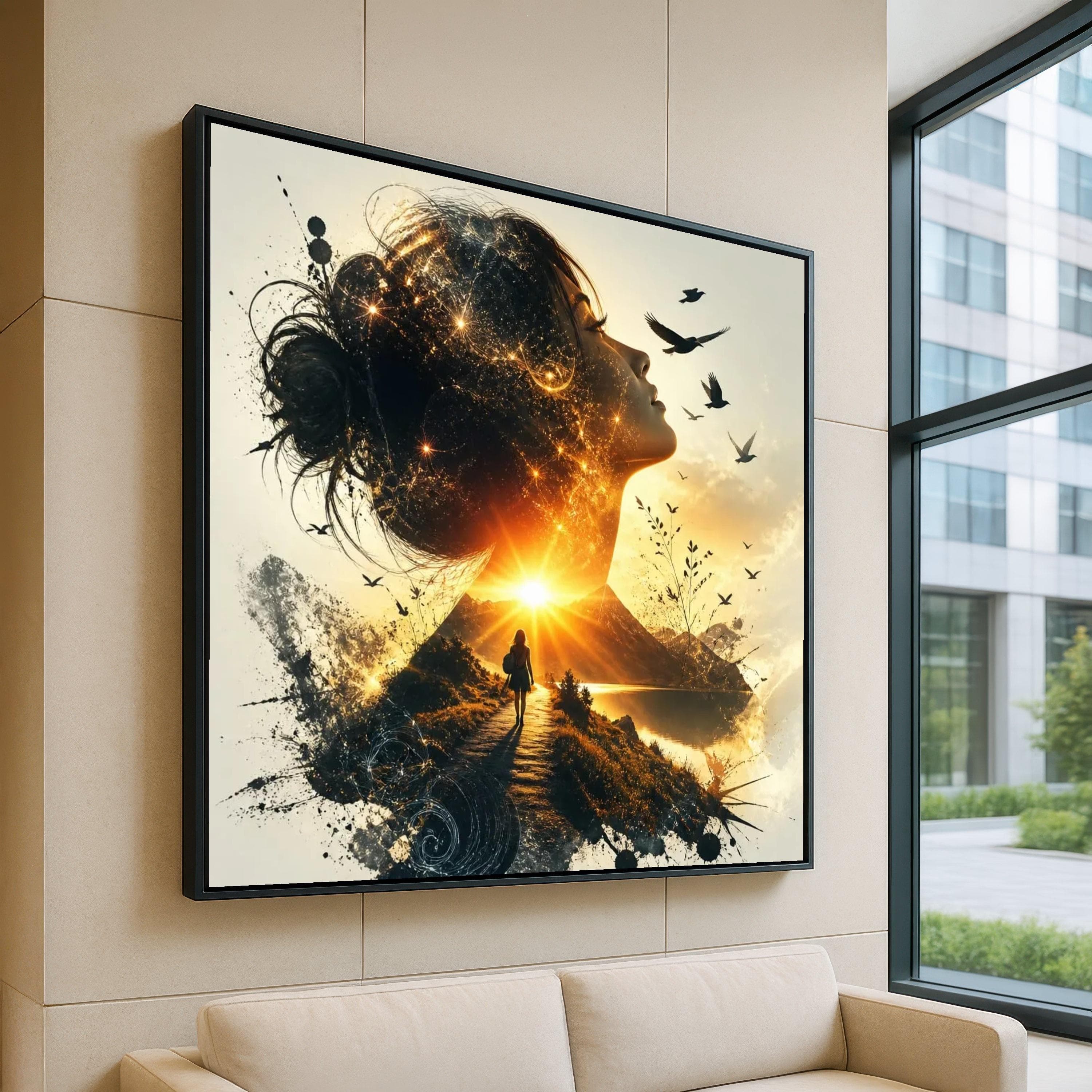 Woman Silhouette with Sunset Path Canvas, Inspirational Nature Scene, Spiritual Landscape Wall Art, Birds and Mountain View, Home Decor