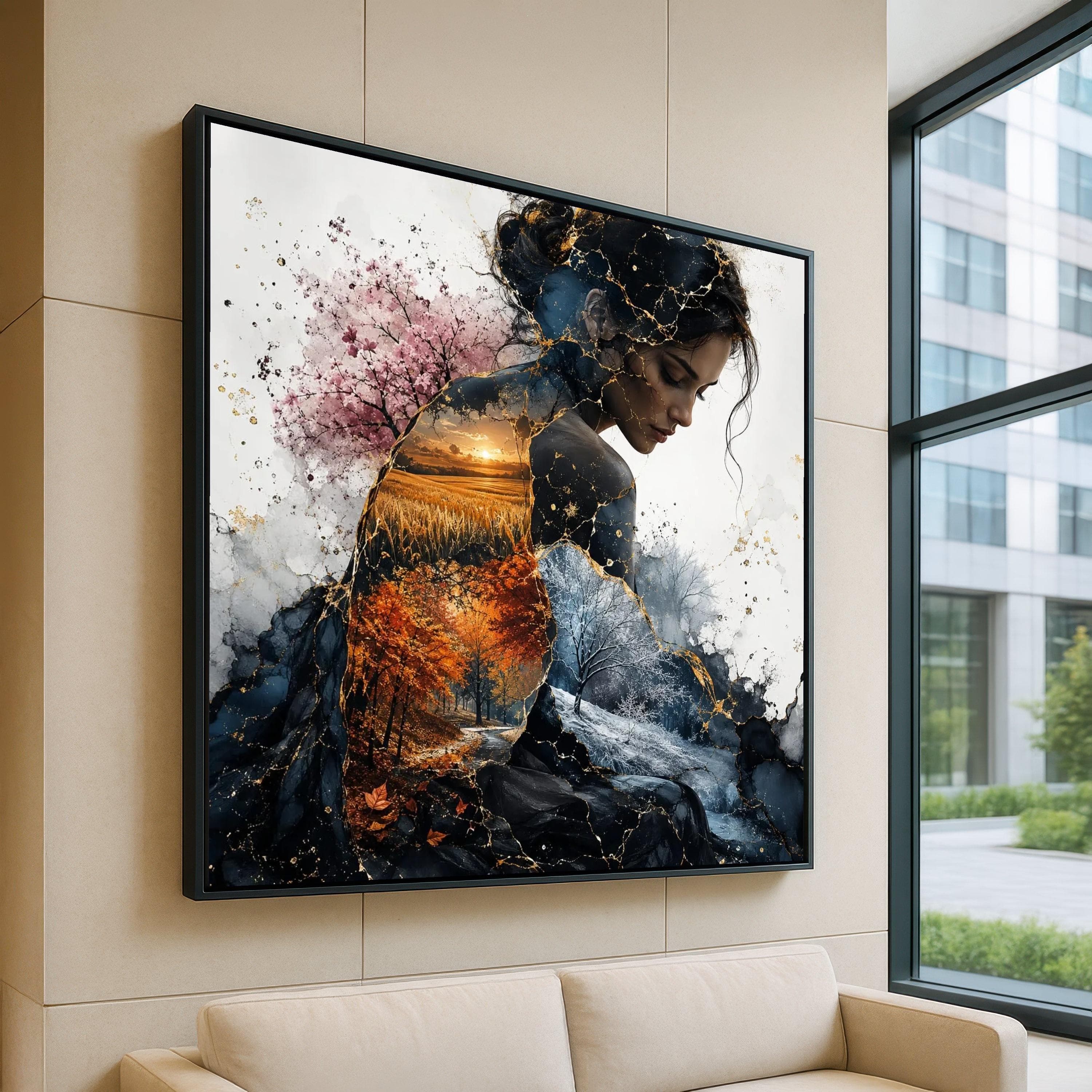 Seasons of Womanhood Canvas Wall Art, Four Seasons Landscape, Nature and Portrait Fusion, Autumn Winter Spring Summer Scene, Gold Detail