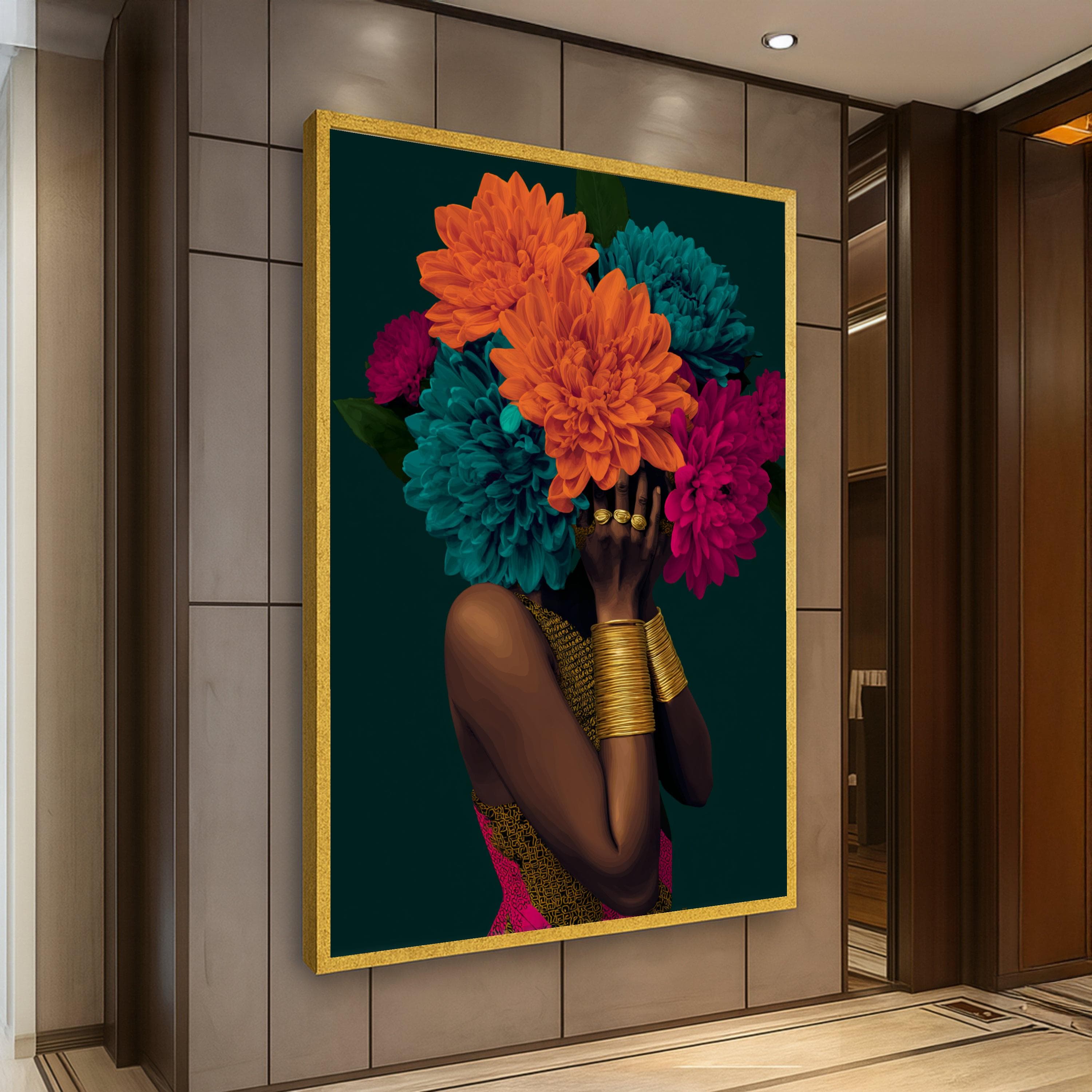 Vibrant Floral Headpiece Canvas, African Woman Portrait Wall Art, Colorful Chrysanthemum Bouquet, Ethnic Fashion Canvas, Modern Home