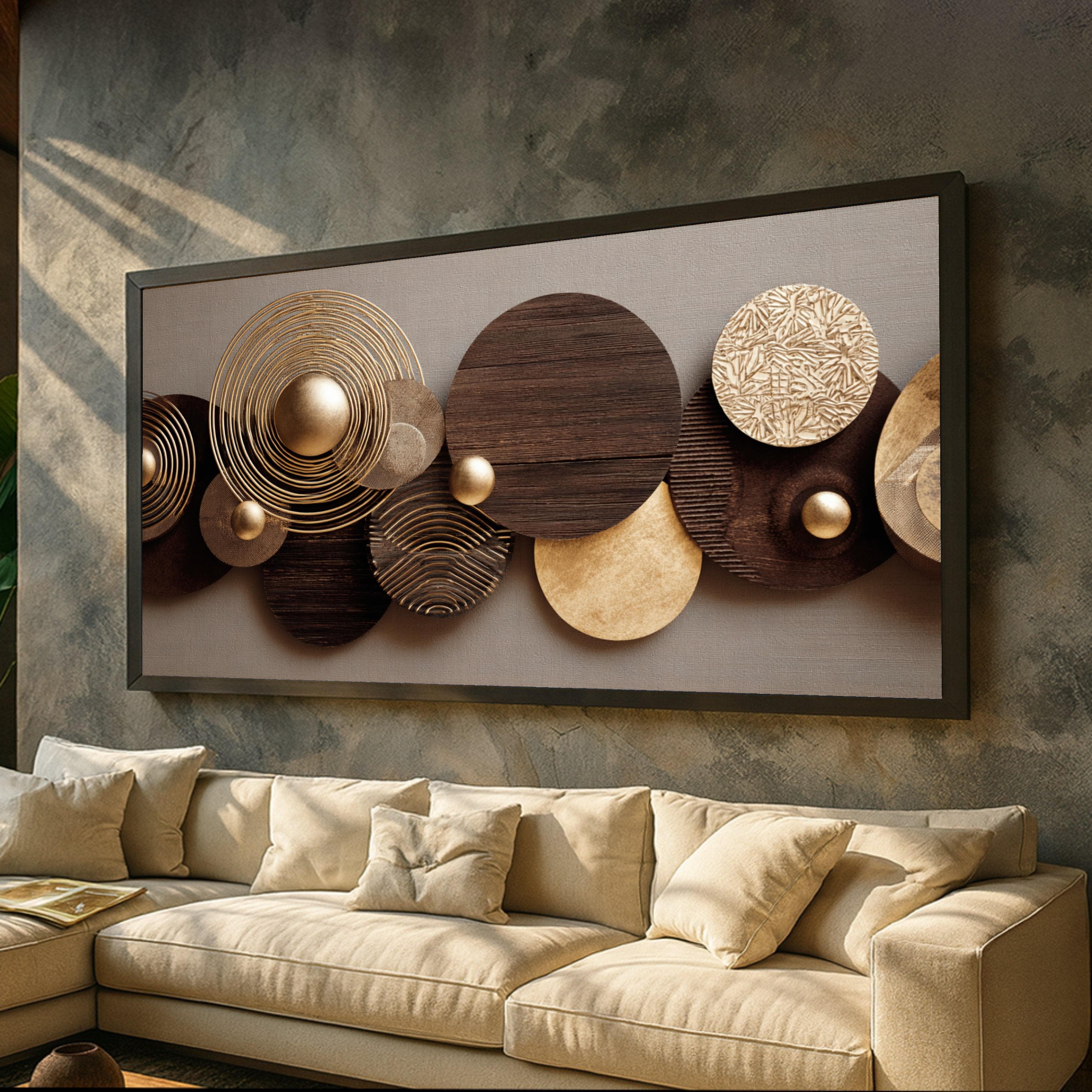 Modern Geometric Circles Canvas Wall Art, Metallic Gold and Dark Wood Texture, Abstract 3D Effect Home Decor, Contemporary Living Room