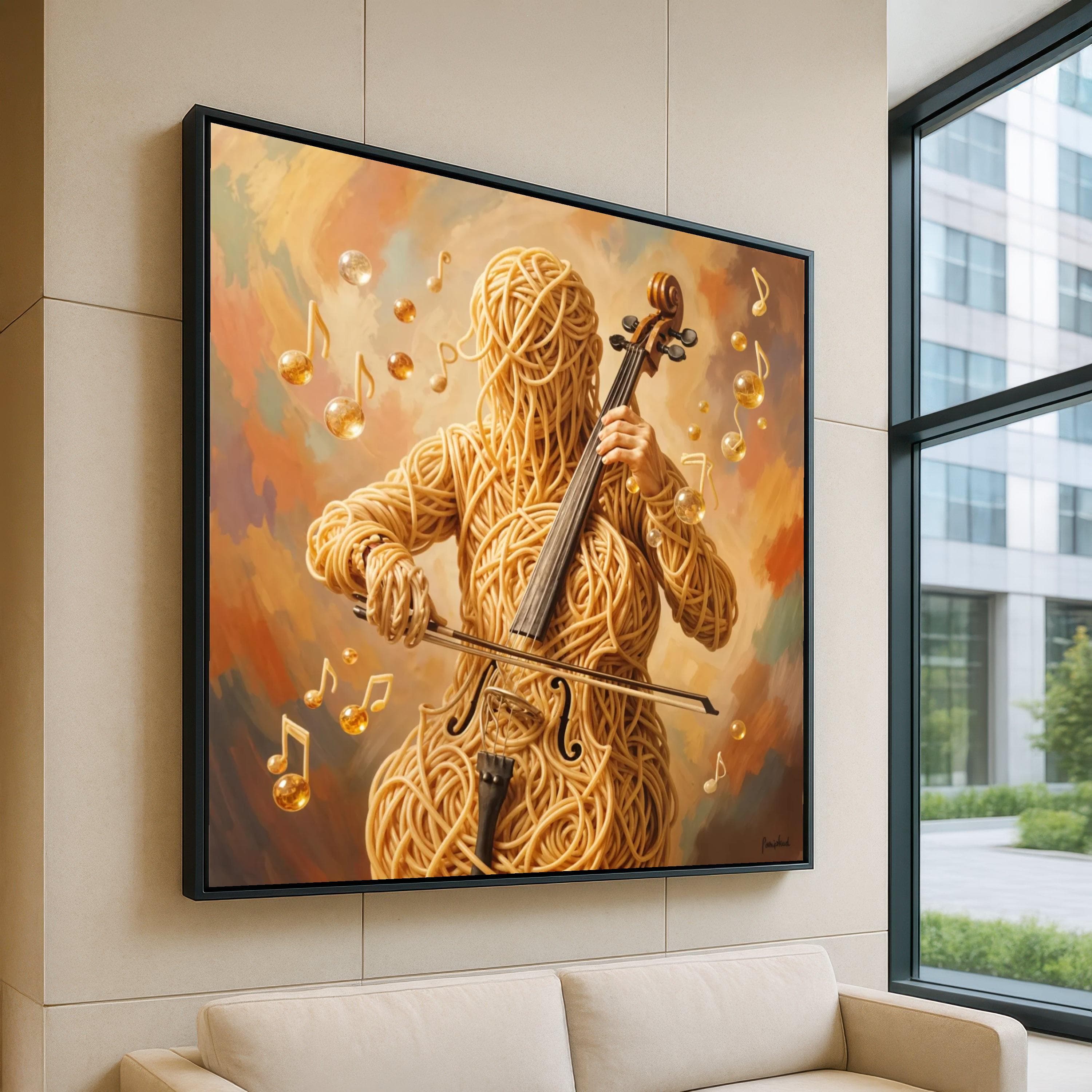 Surreal Spaghetti Musician Canvas, Violin Player Wall Art, Creative Pasta Art, Unique Instrument Canvas, Modern Abstract Home Decor