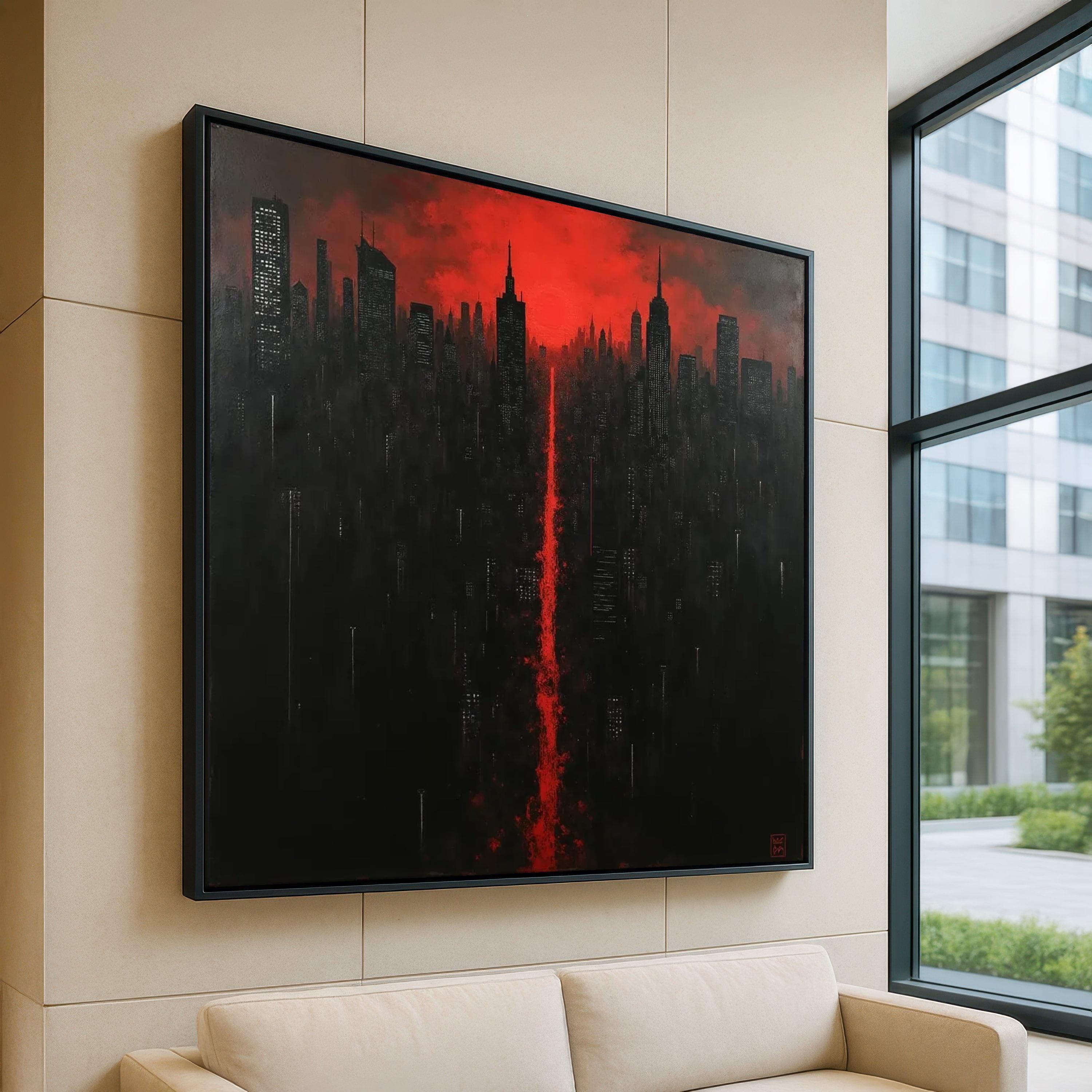 Dramatic City Skyline Canvas, Red Sunset Urban Wall Art, Modern Cityscape Painting, Nighttime City Lights Canvas, Contemporary Home Decor