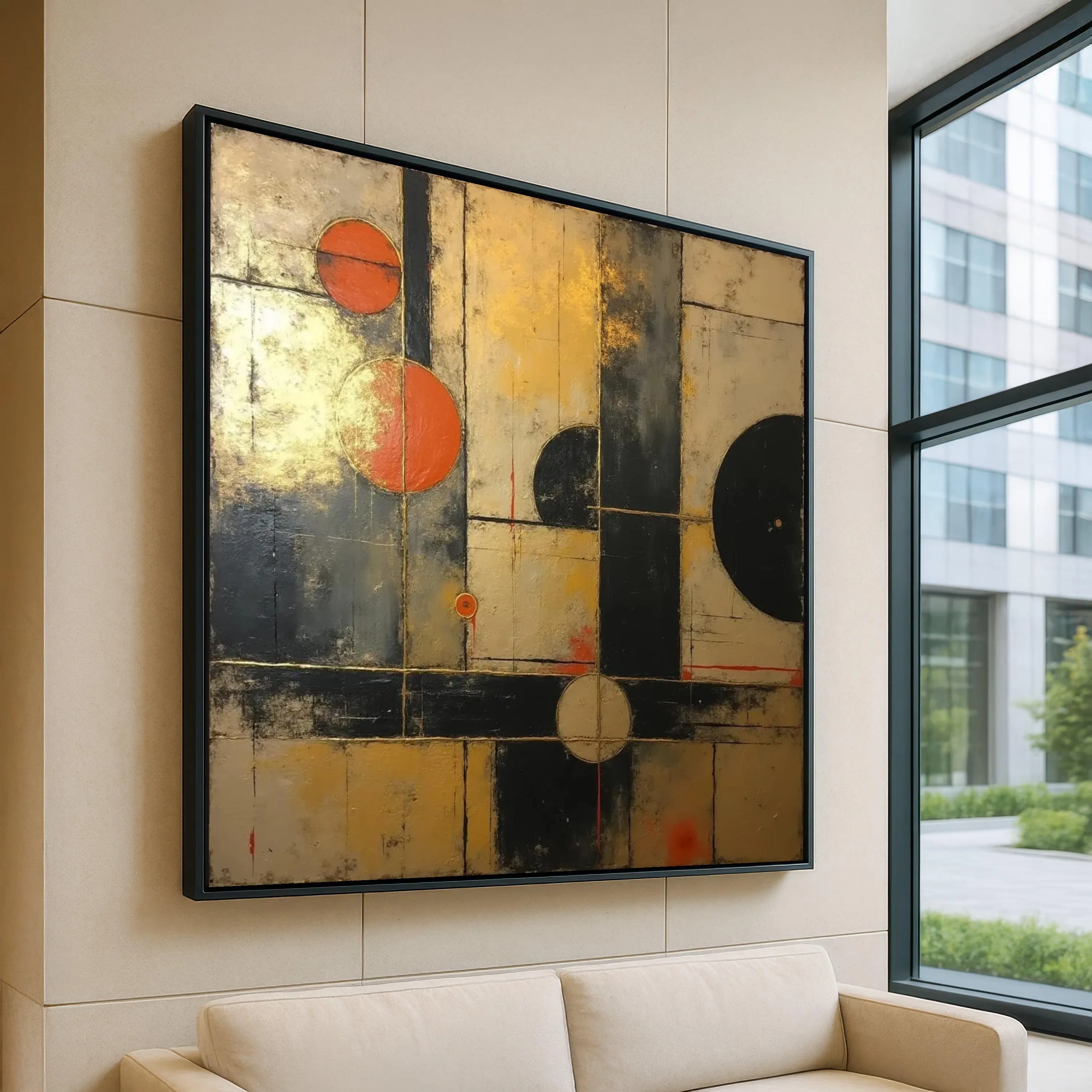 Modern Geometric Abstract Canvas, Bold Circles Wall Art, Contemporary Home Decor, Black and Orange Canvas Art, Square Wall Hanging Design