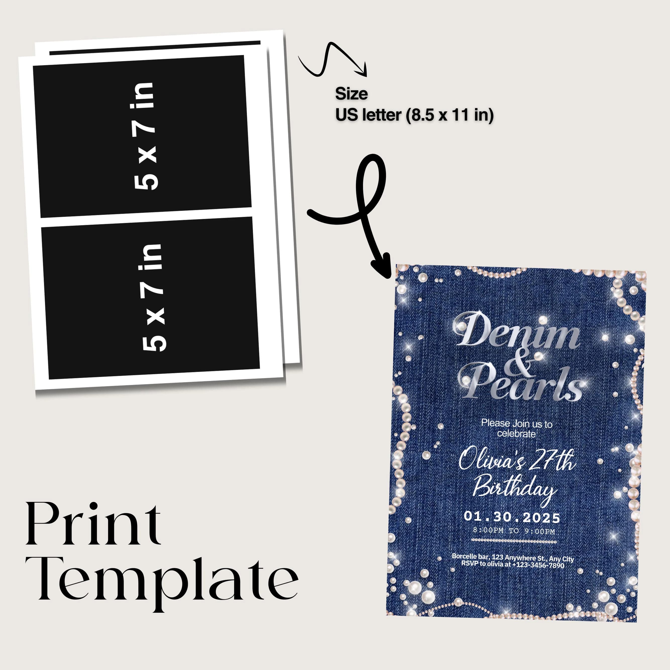 Denim and Pearls Birthday Invitation Template, Printable Pearl and Denim, Denim Birthday Party,Denim Party Invite,Pearls Invitation Template - image 4
