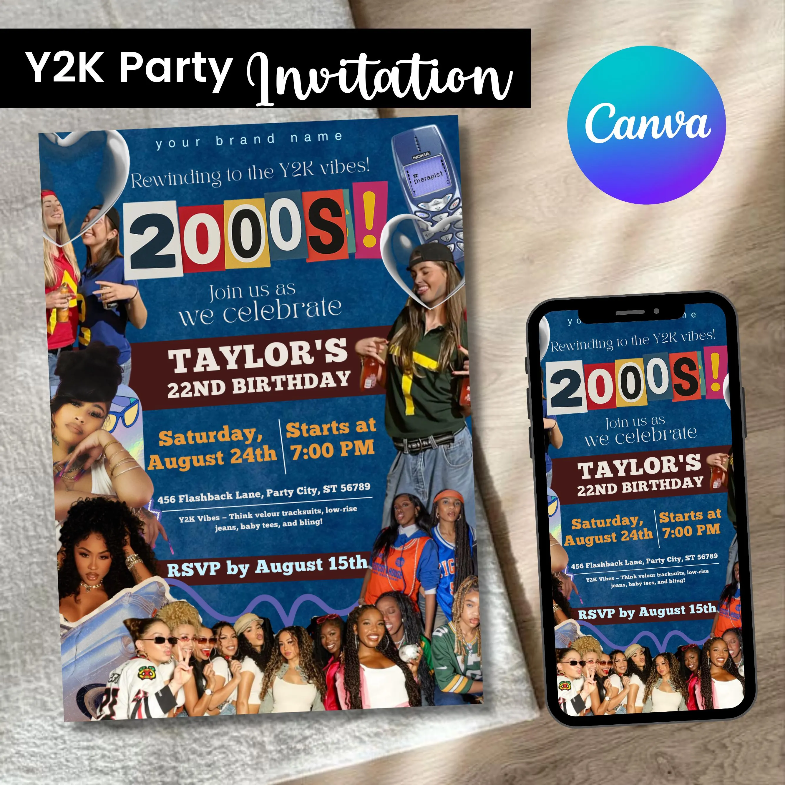 Early 2000s Retro Y2K Themed Party Invitation, Printable Y2K Inspired Birthday Flyer, 90s Baby Throwback, Canva Template Instant Download
