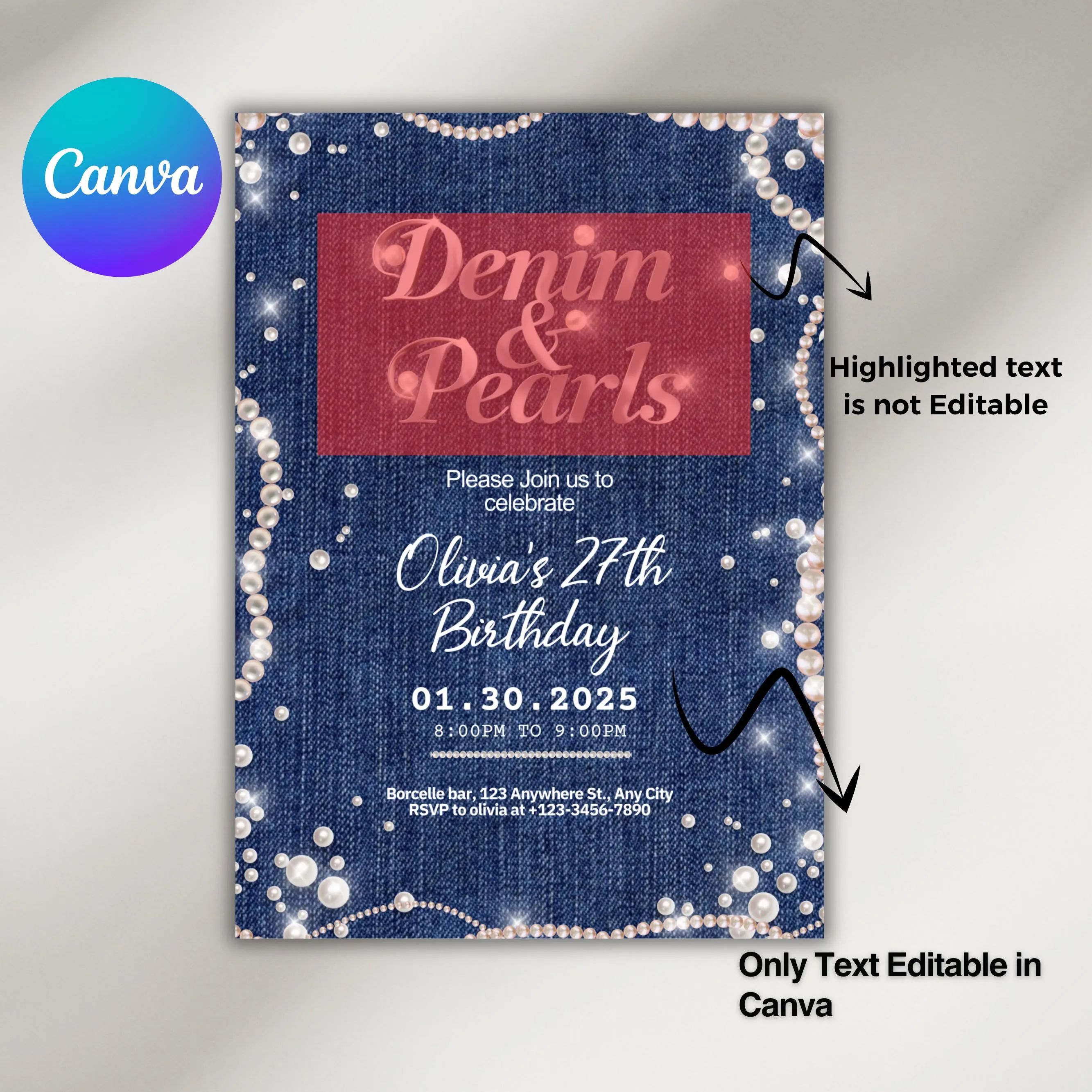 Denim and Pearls Birthday Invitation Template, Printable Pearl and Denim, Denim Birthday Party,Denim Party Invite,Pearls Invitation Template - image 3