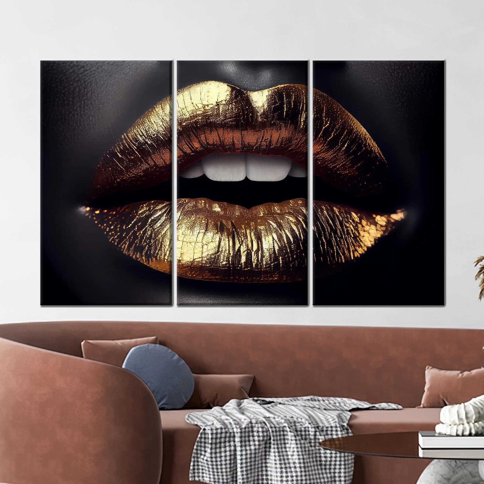 Luxury Gold Lips Canvas Wall Art, Glamorous Black and Gold Fashion Poster, Modern Beauty Portrait Print for Chic Bedroom or Salon Decor - image 3