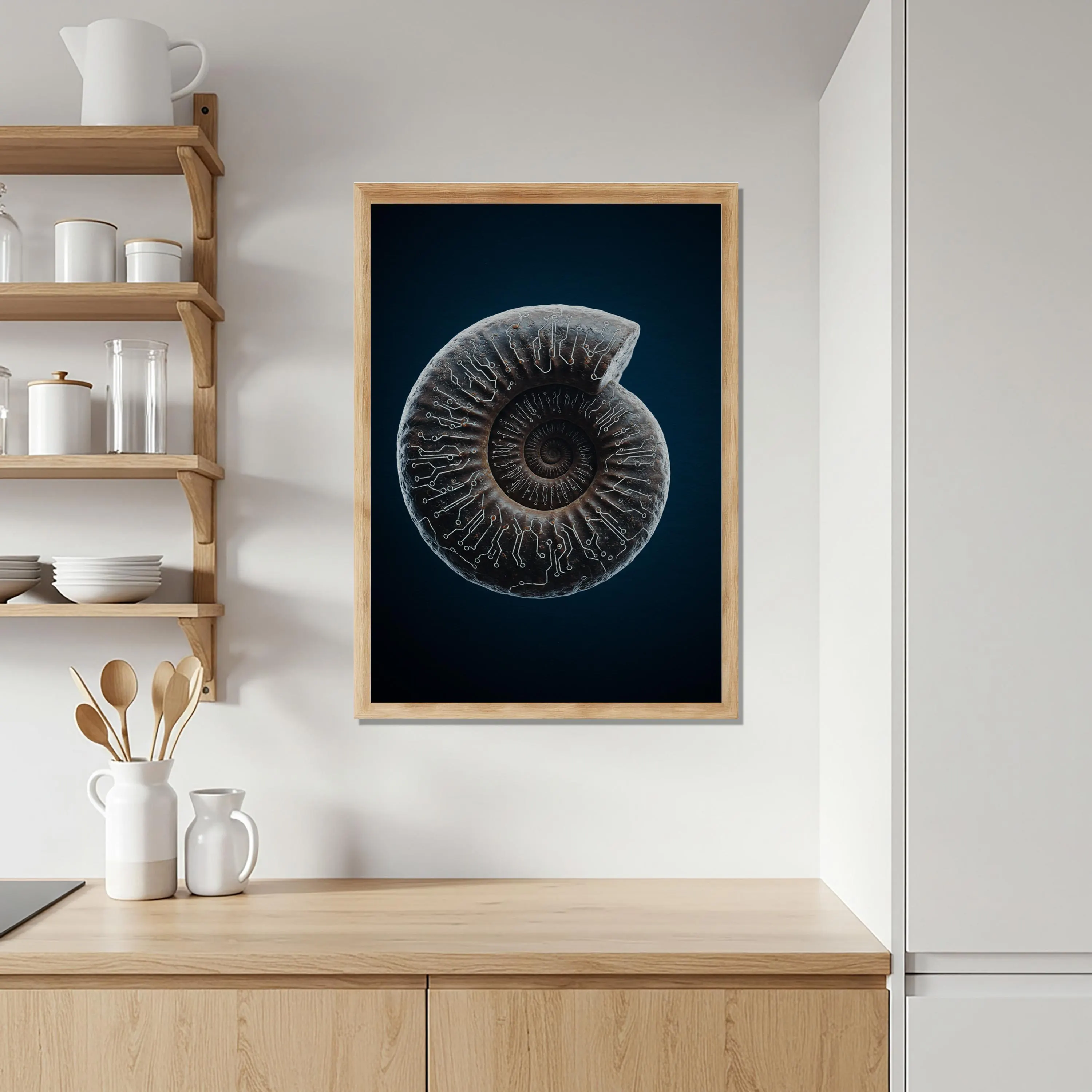 Fossil Spiral Wooden Poster, Nautilus Shell Wall Art, Ancient Ocean-Inspired Artwork, Natural History Decor for Living Room Balcony - image 3
