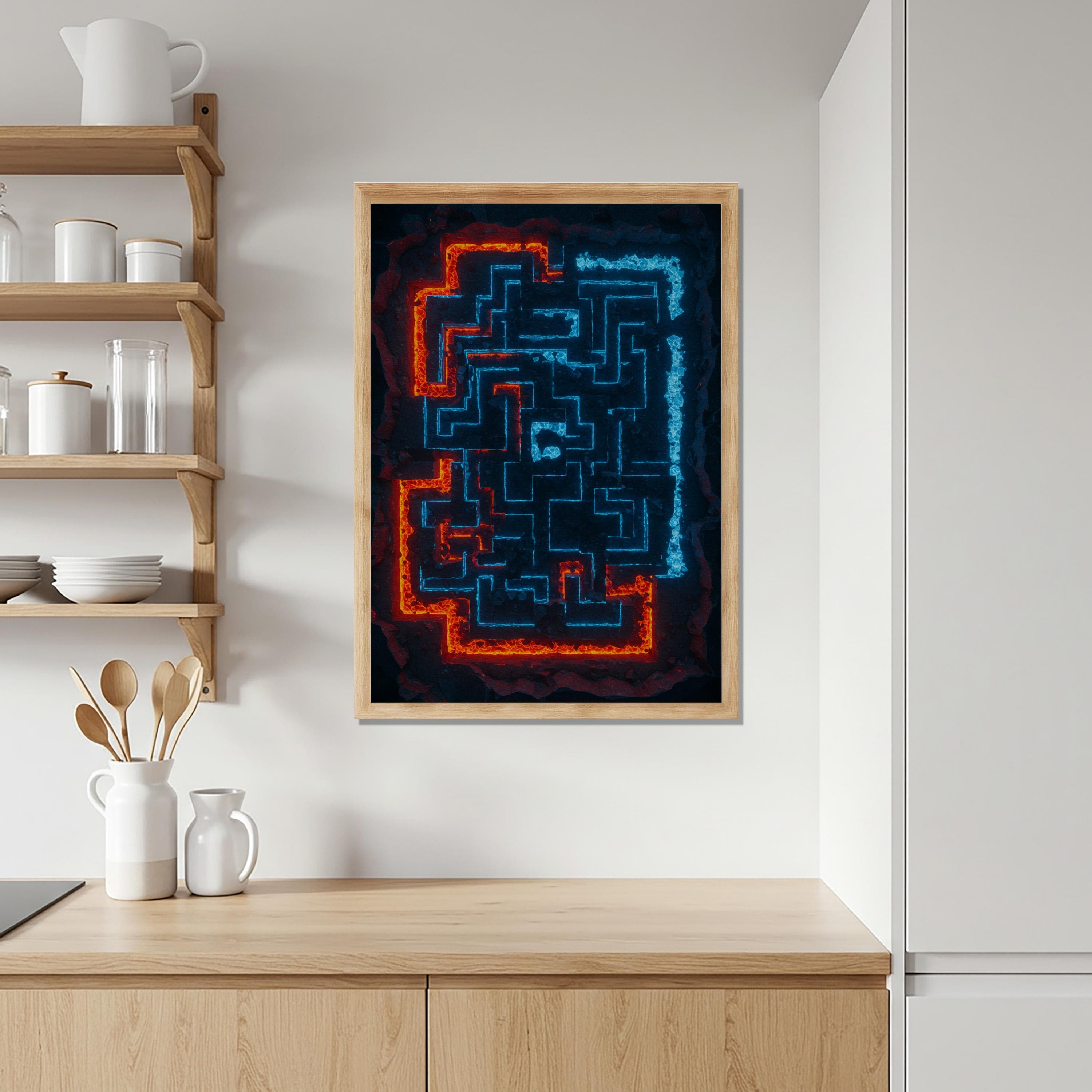 Abstract Labyrinth Wall Art in Red and Blue | Futuristic Neon Maze Poster | Cyberpunk Geometric Artwork Living Room Office Balcony Gift - image 3