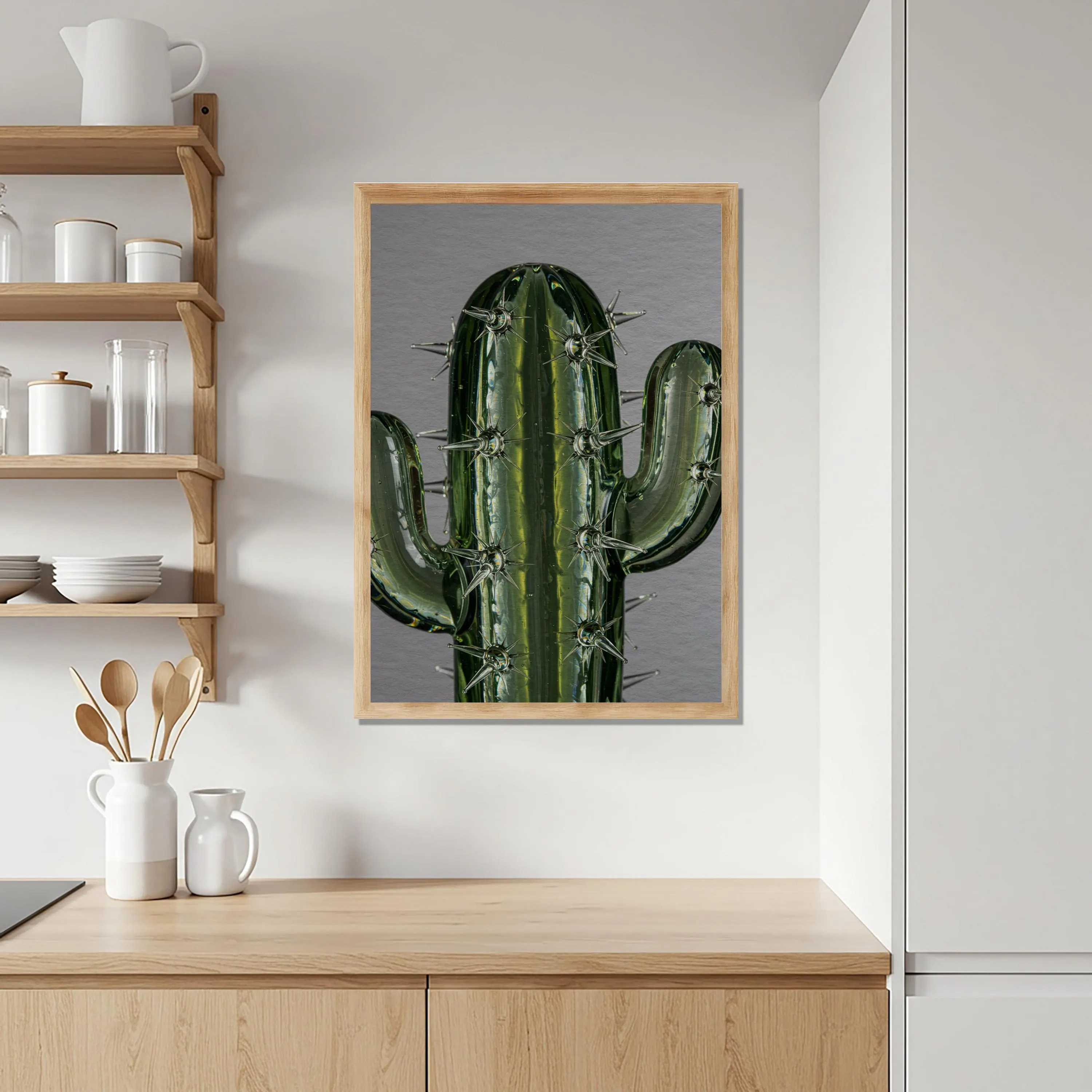 Glass Cactus Wooden Poster, Hyperrealistic Art, Modern Balcony Decor - image 3