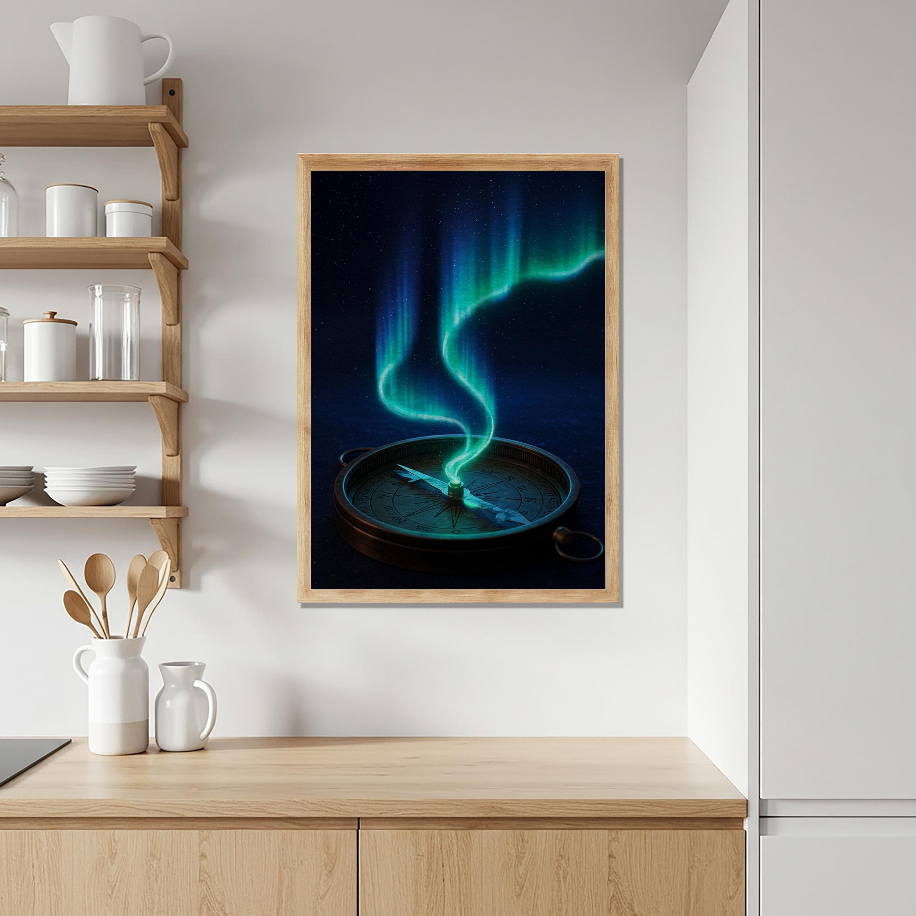 Aurora Compass Wooden Poster, Northern Lights Wall Art, Surreal Travel Artwork, Mystical Night Sky Decor for Living Room Balcony - image 3