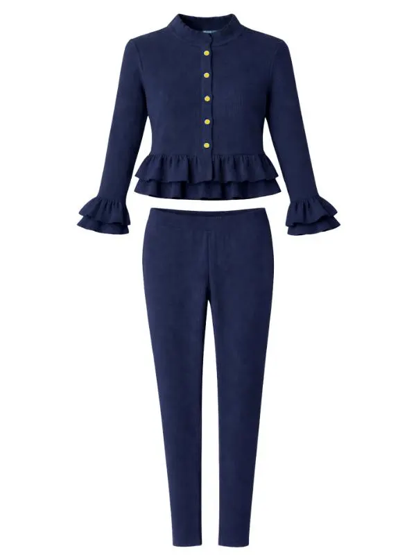 Ribbed Lounge Set, Gold Button Ruffle Top and Trousers - image 3