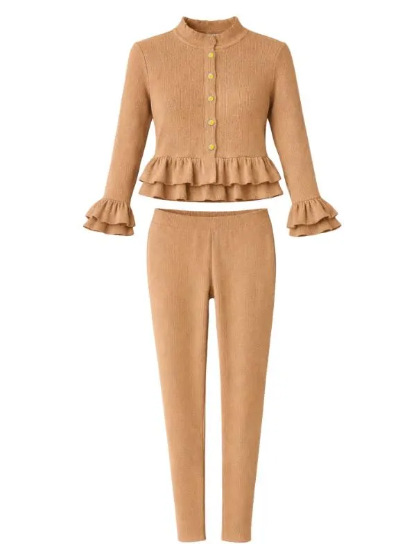 Ribbed Lounge Set, Gold Button Ruffle Top and Trousers - image 5
